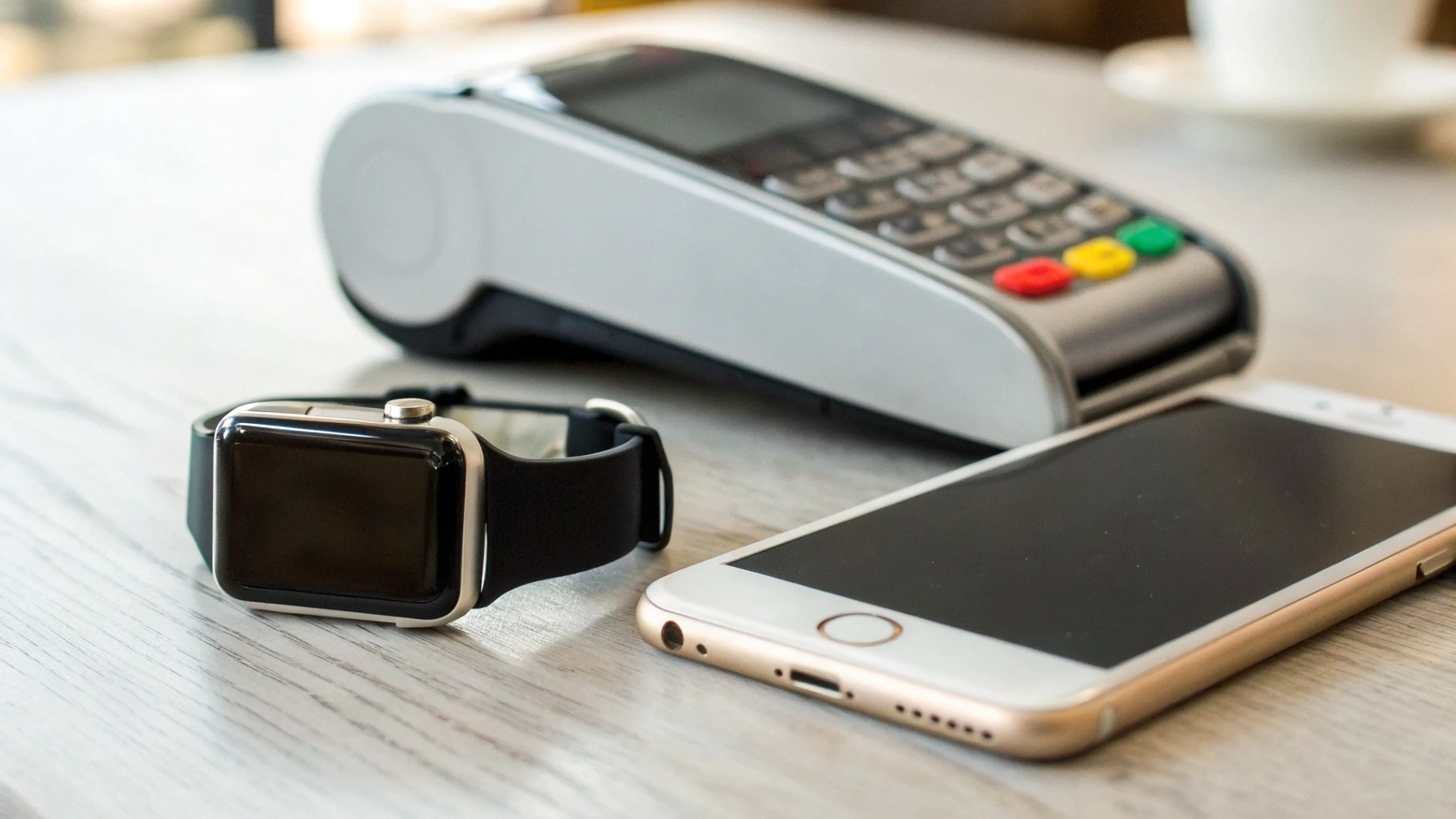 iPhone и Apple Watch рядом с терминалом бесконтактной оплаты для проверки Apple Pay