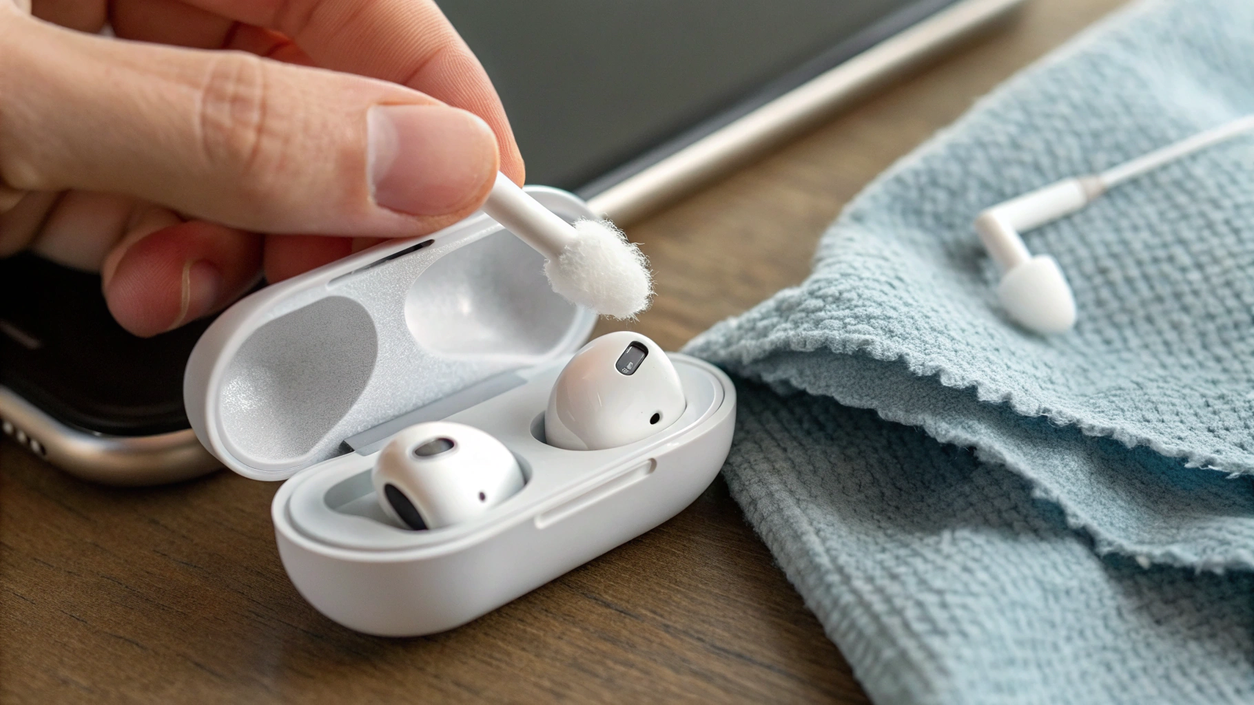Чистка контактов AirPods и гнёзд в кейсе мягкой салфеткой и ватной палочкой