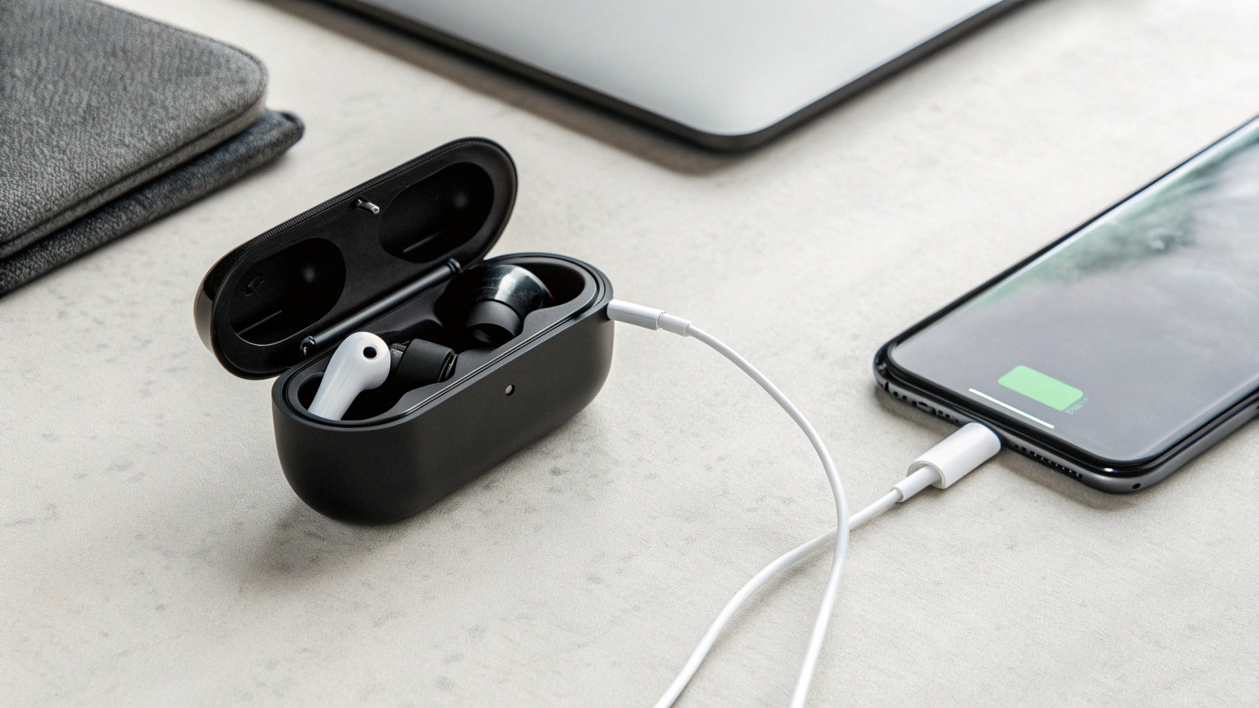 Кейс AirPods на зарядке рядом с iPhone для проверки разряда в режиме ожидания