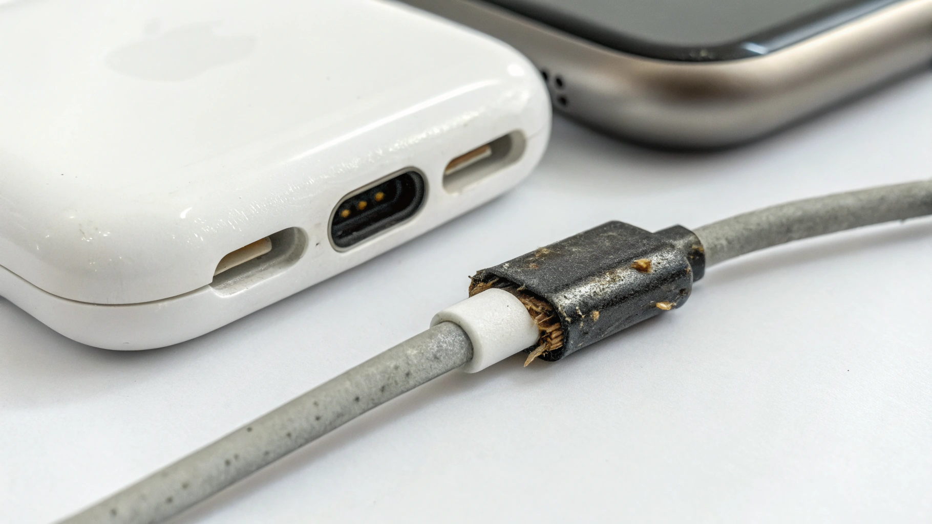 Крупный план изношенного разъёма зарядного кабеля для Apple Watch