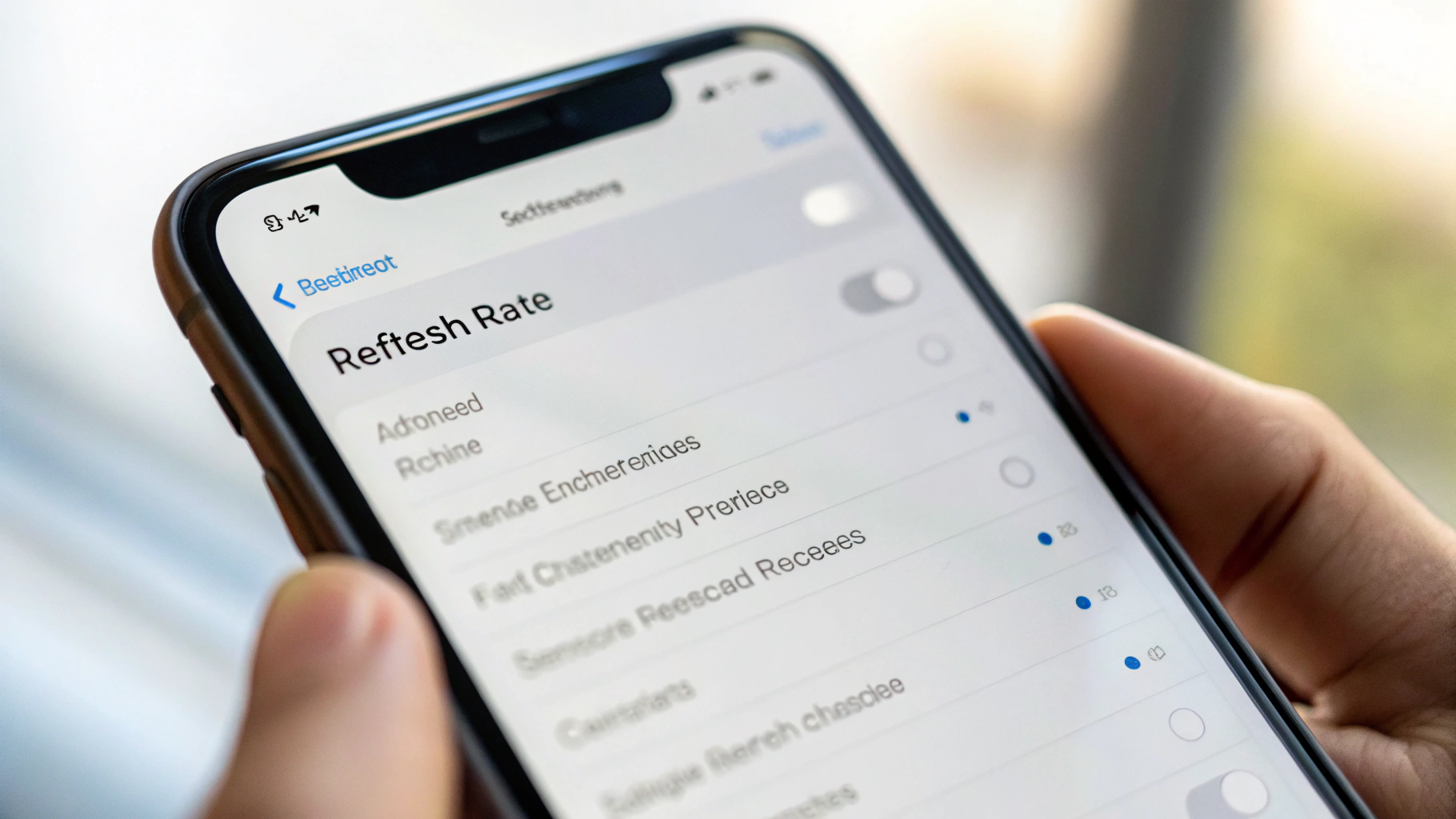 Экран смартфона с настройками частоты обновления и яркости