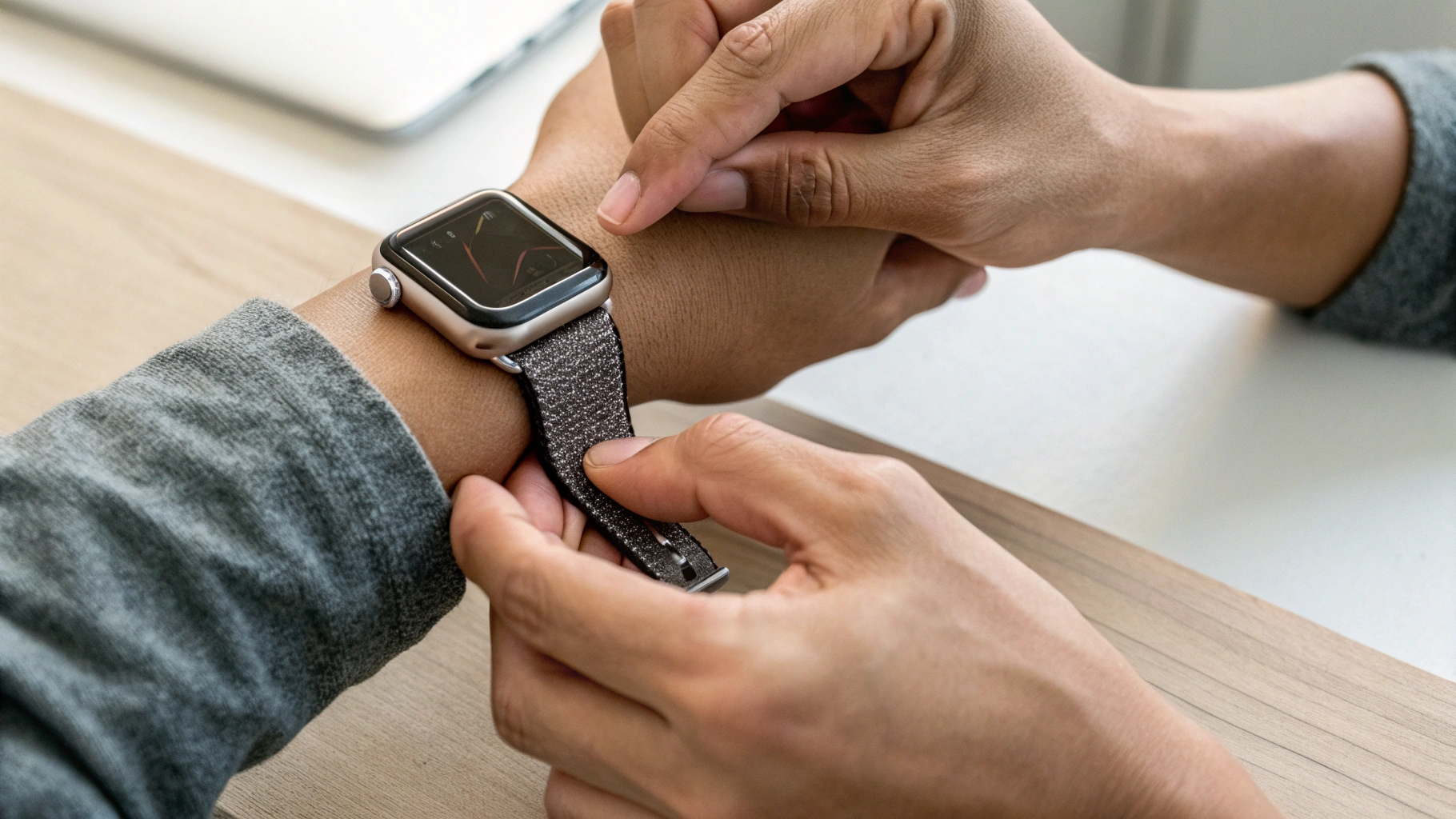 Человек поправляет ремешок Apple Watch для плотной посадки на запястье перед записью ЭКГ