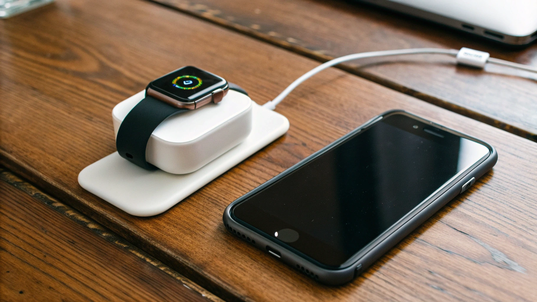 Apple Watch на зарядке рядом с iPhone на столе