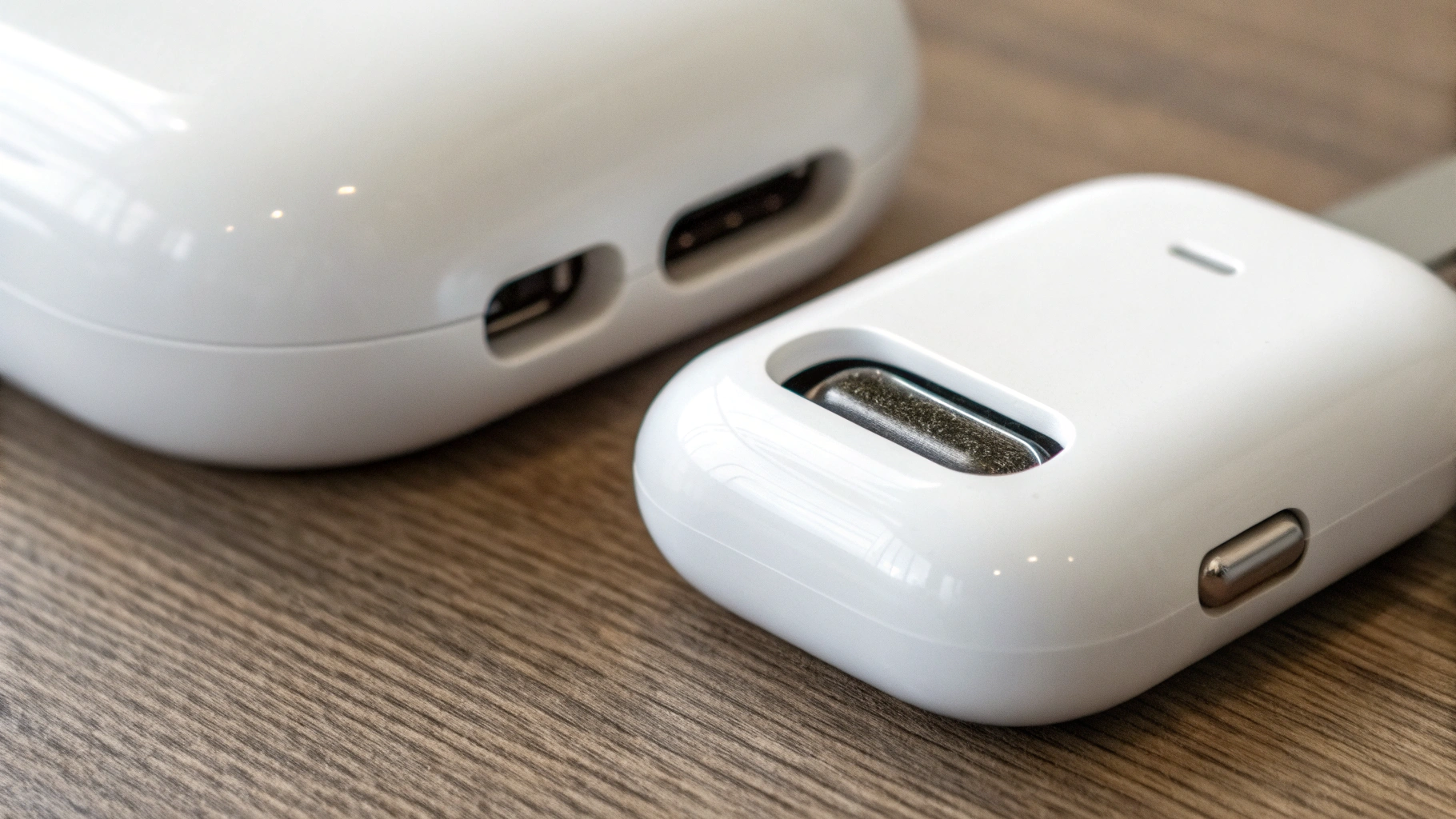 Крупный план разъёмов USB‑C и Lightning на кейсах наушников