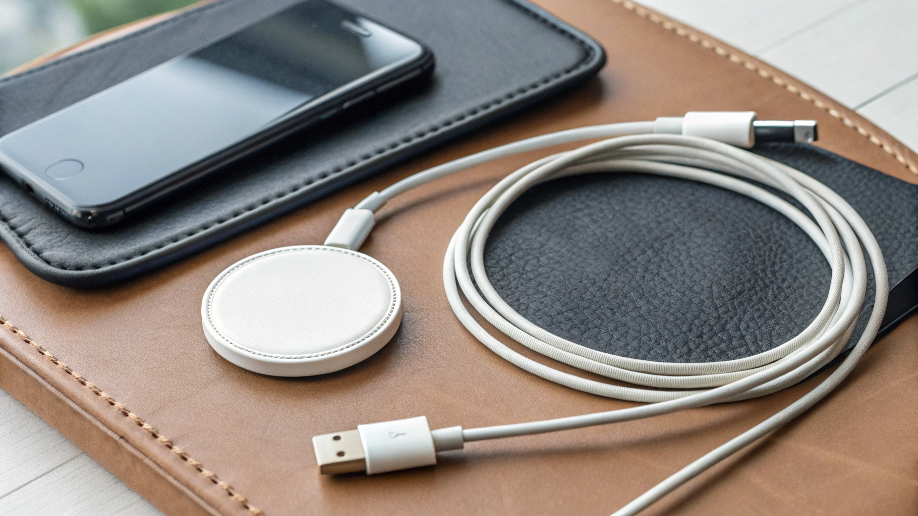 Кабели USB‑C и Lightning рядом с зарядным блоком и беспроводной зарядкой