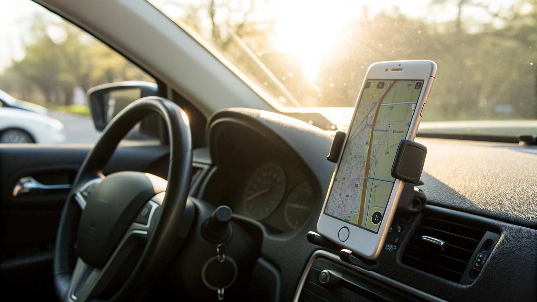 iPhone с навигацией на держателе в машине, сценарий перегрева и быстрой разрядки