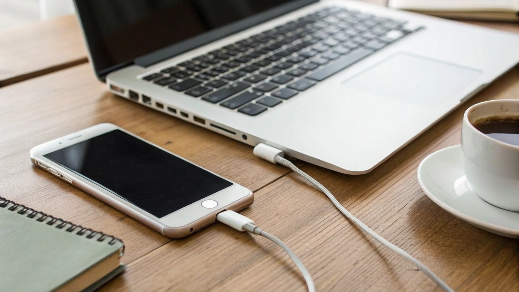 Смартфон раздаёт интернет и стоит на зарядке рядом с ноутбуком для стабильной работы