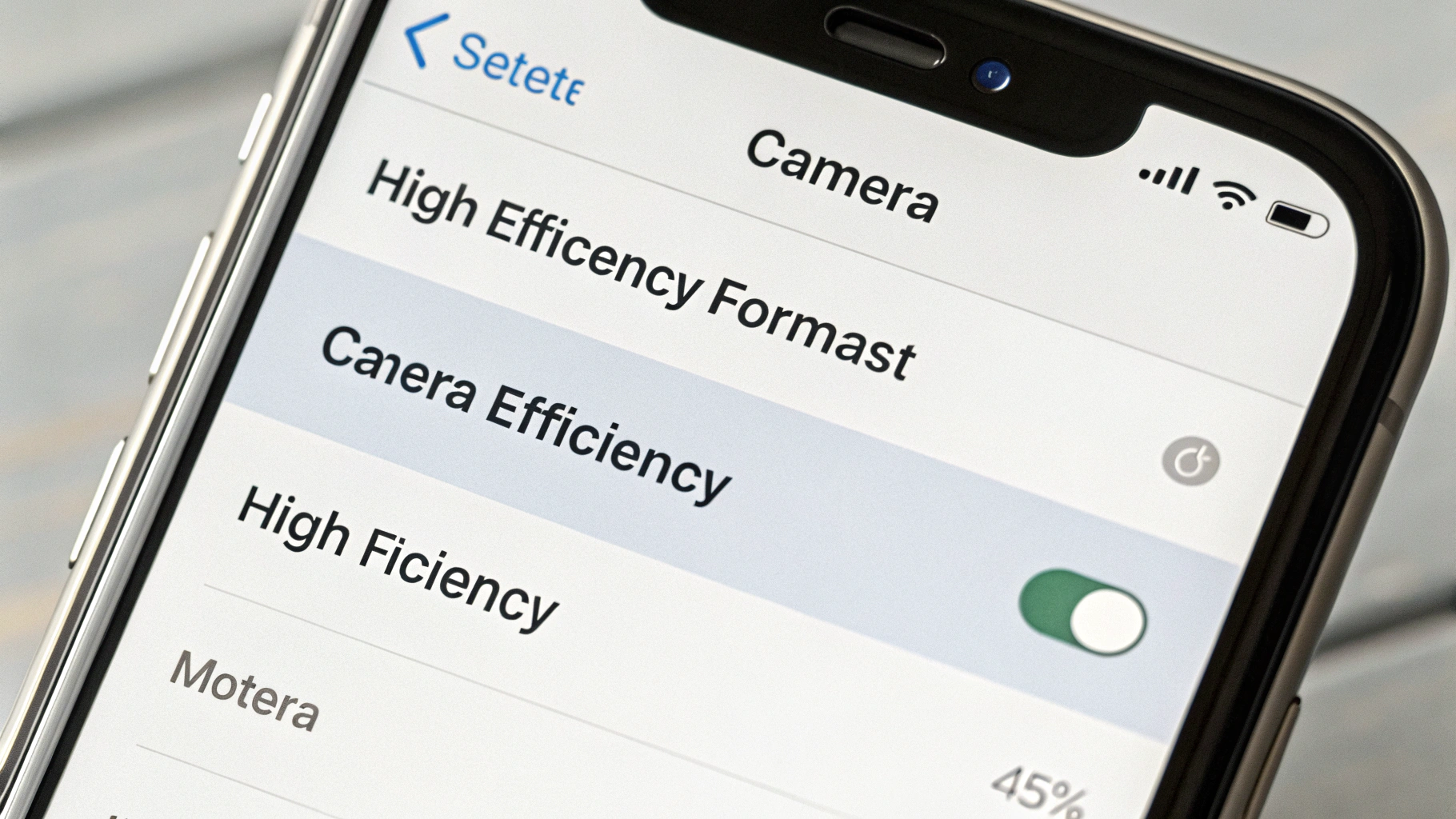 Экран iPhone с разделом «Камера → Форматы» и выбранной настройкой «Высокая эффективность»