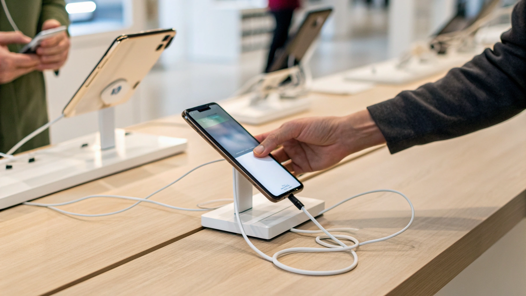 Проверка быстрой зарядки USB‑C в магазине: смартфон подключён к адаптеру