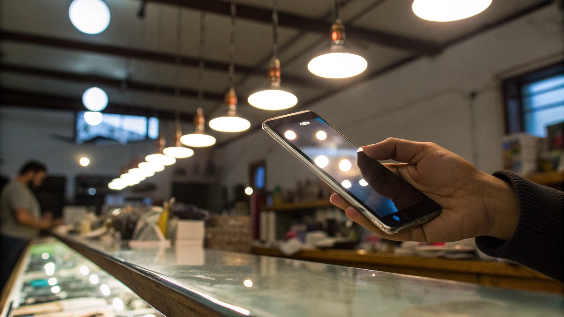Проверка отражений и читаемости экрана смартфона под лампами в магазине
