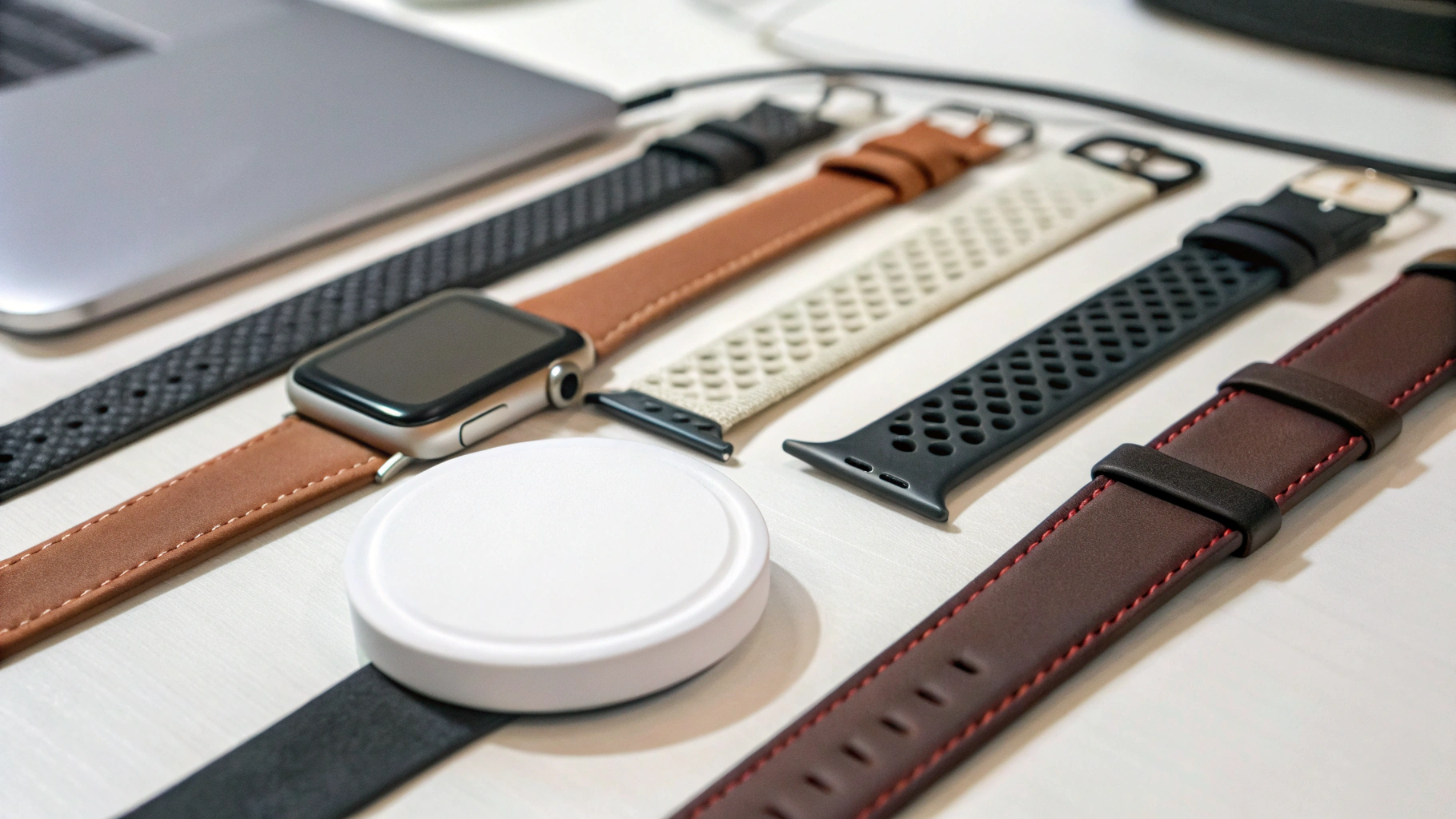 Ремешки для Apple Watch и зарядный магнитный модуль на столе