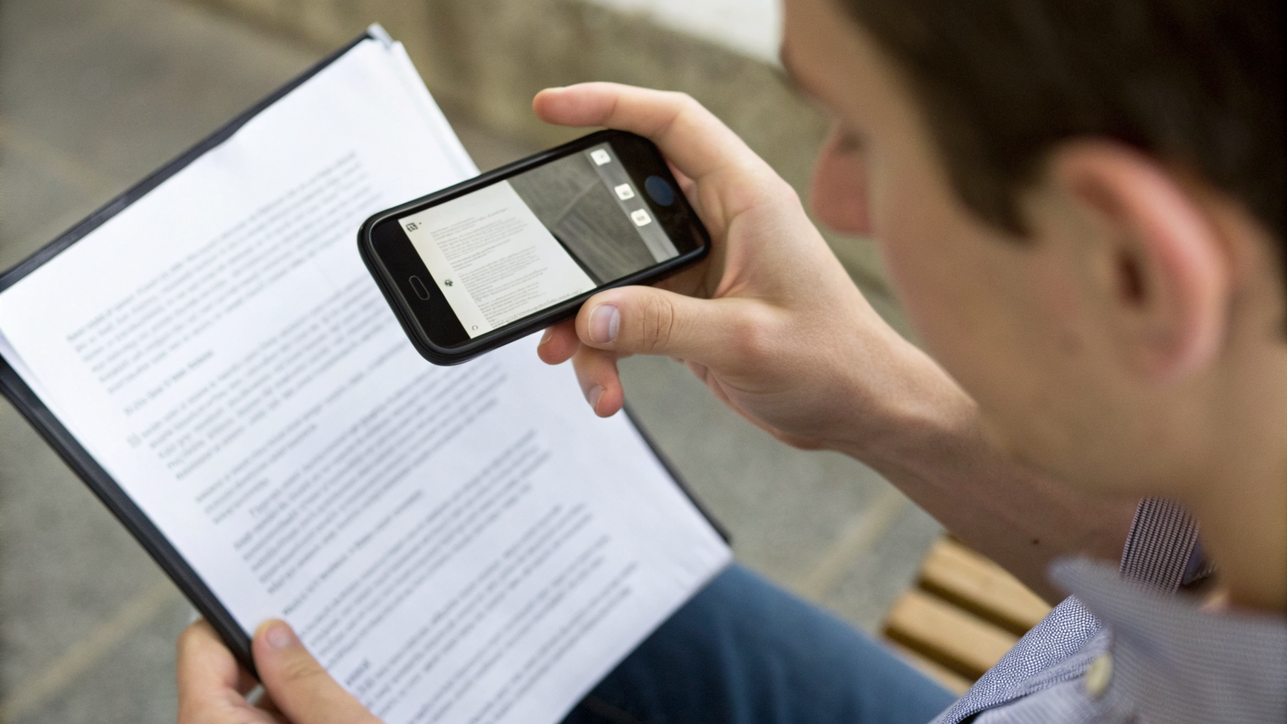 Пользователь копирует распознанный текст с фотографии документа в галерее смартфона