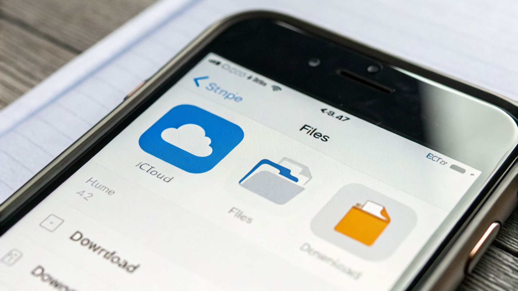 Экран iPhone в приложении «Файлы»: iCloud Drive и значок загрузки рядом с документом