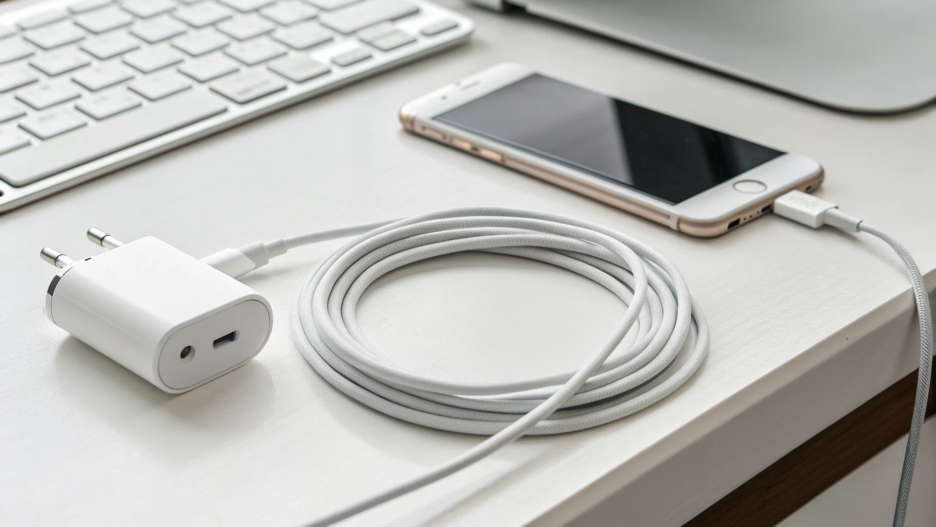 Кабель и зарядное устройство для iPhone на столе