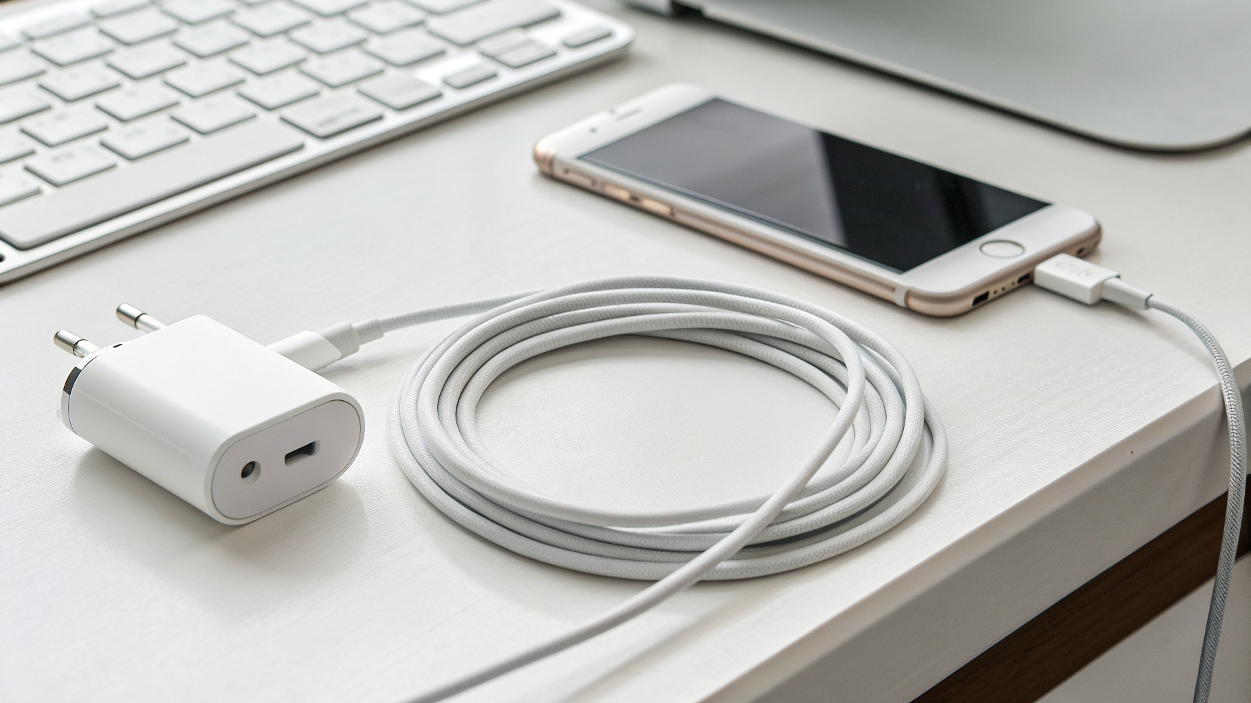 Кабель и зарядное устройство для iPhone на столе