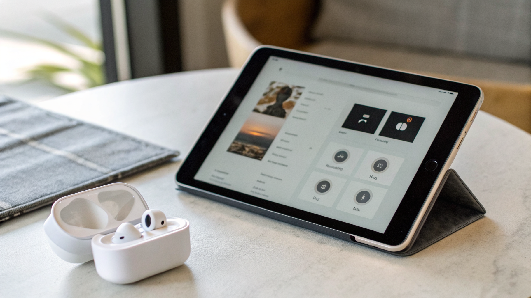 iPad с открытым «Пунктом управления», где видно переключатели режимов AirPods