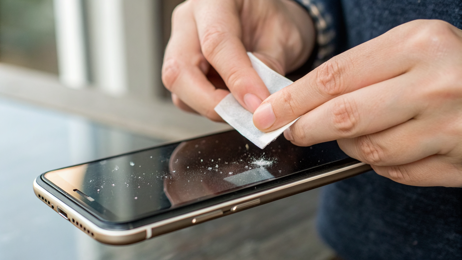 Удаление пыли с экрана перед наклейкой защитного стекла или плёнки