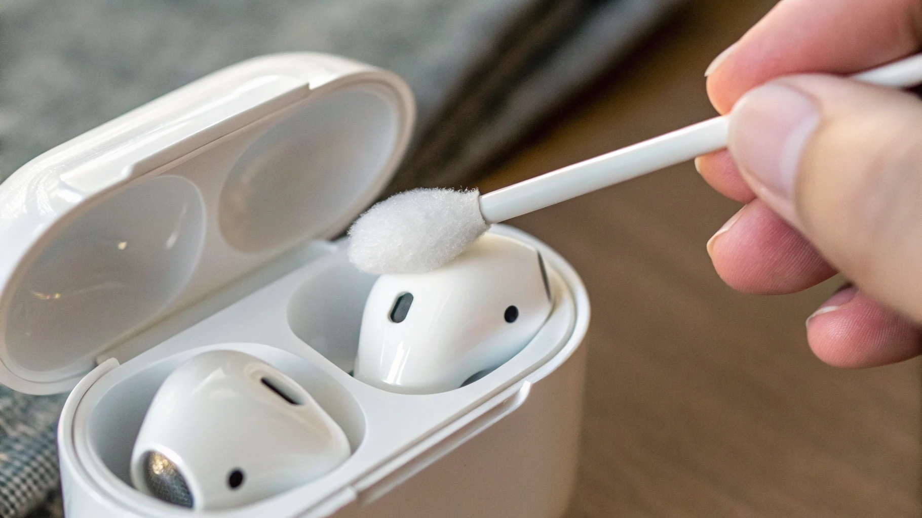 Чистка контактов в кейсе AirPods ватной палочкой