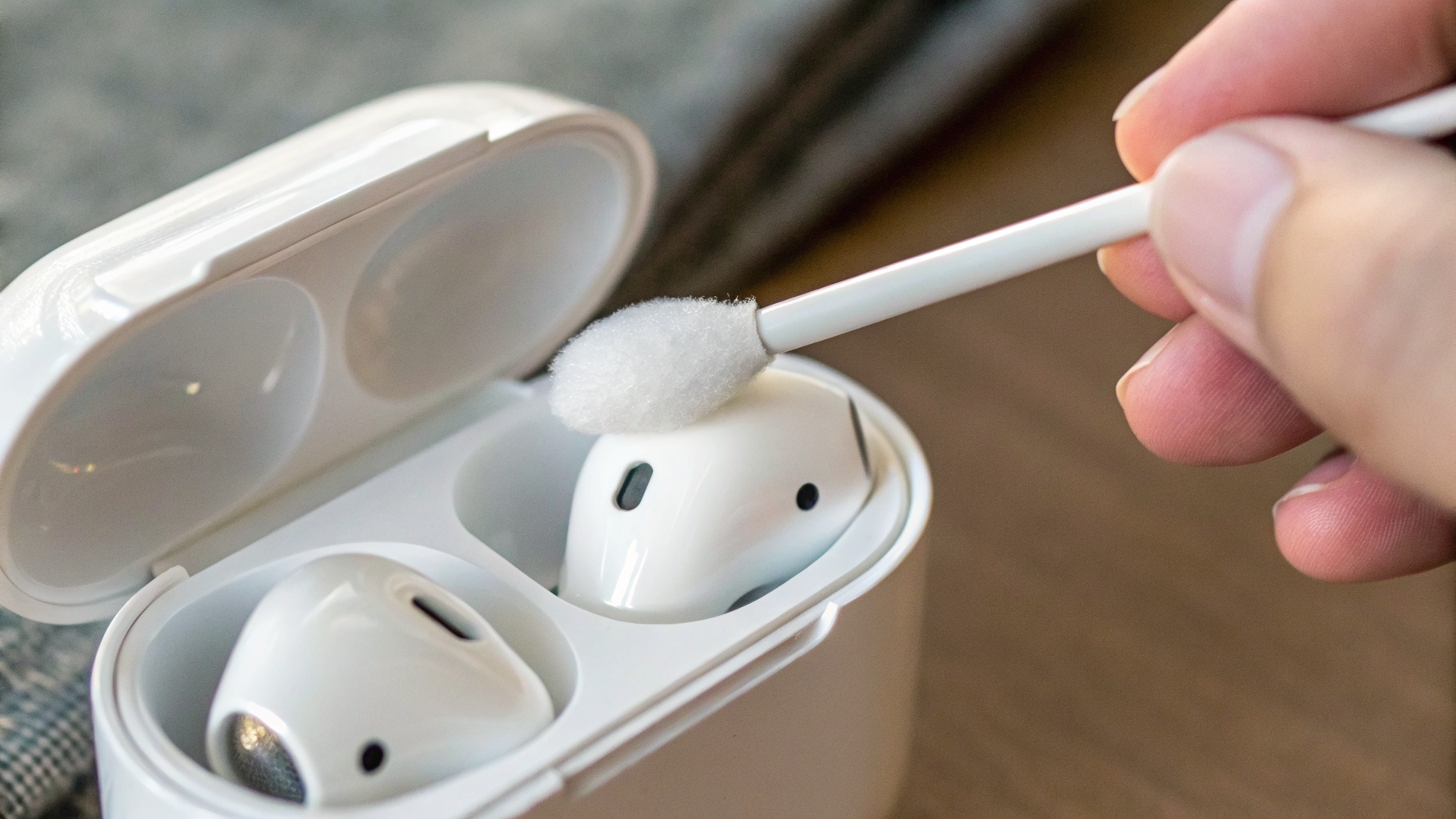 Чистка контактов в кейсе AirPods ватной палочкой