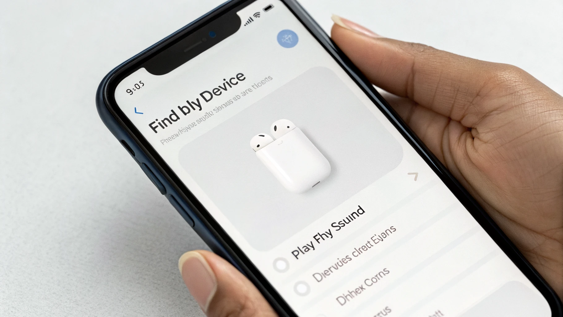 Карточка AirPods в «Локаторе» с кнопками «Воспроизвести звук» и построением маршрута