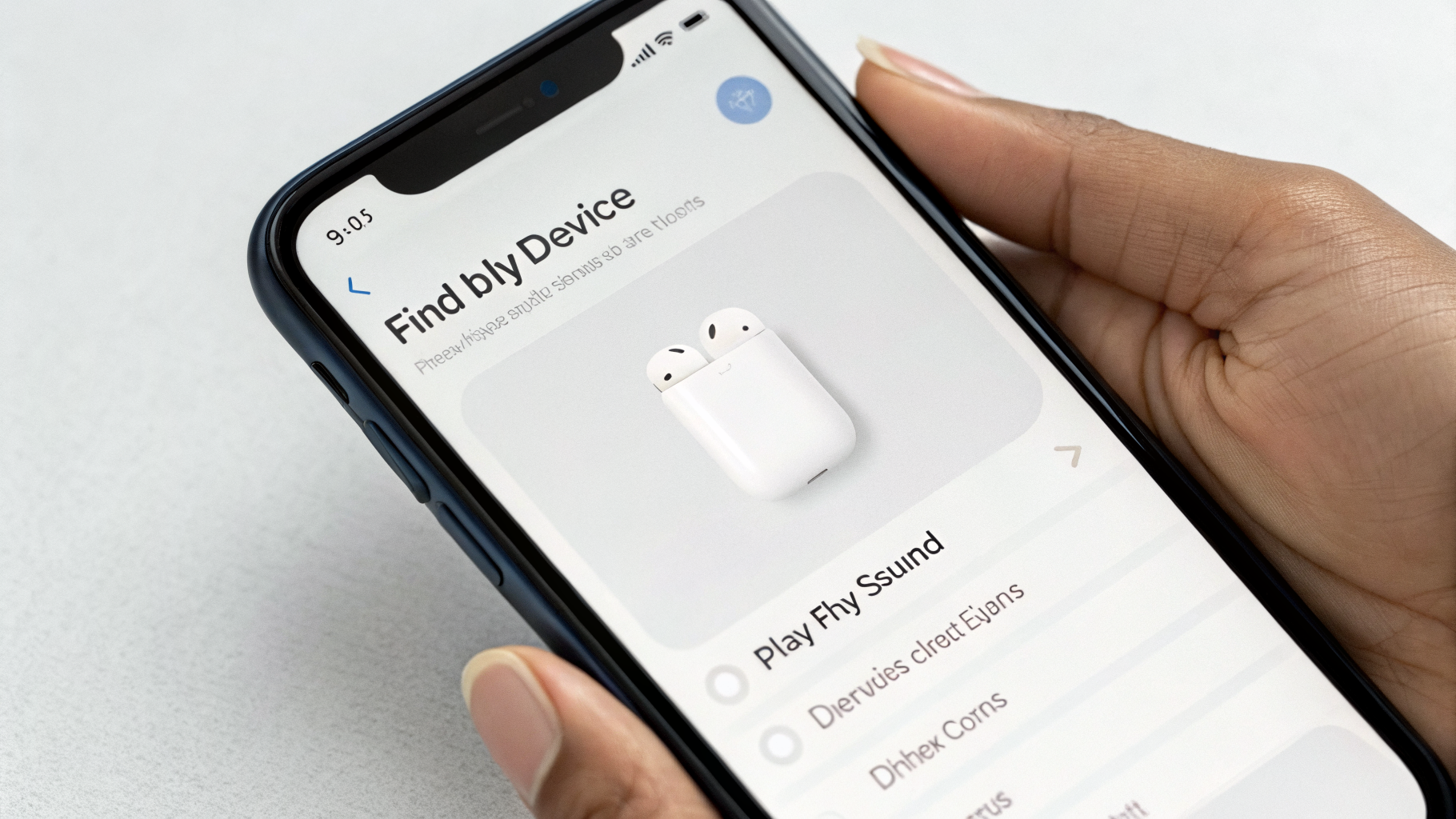 Карточка AirPods в «Локаторе» с кнопками «Воспроизвести звук» и построением маршрута