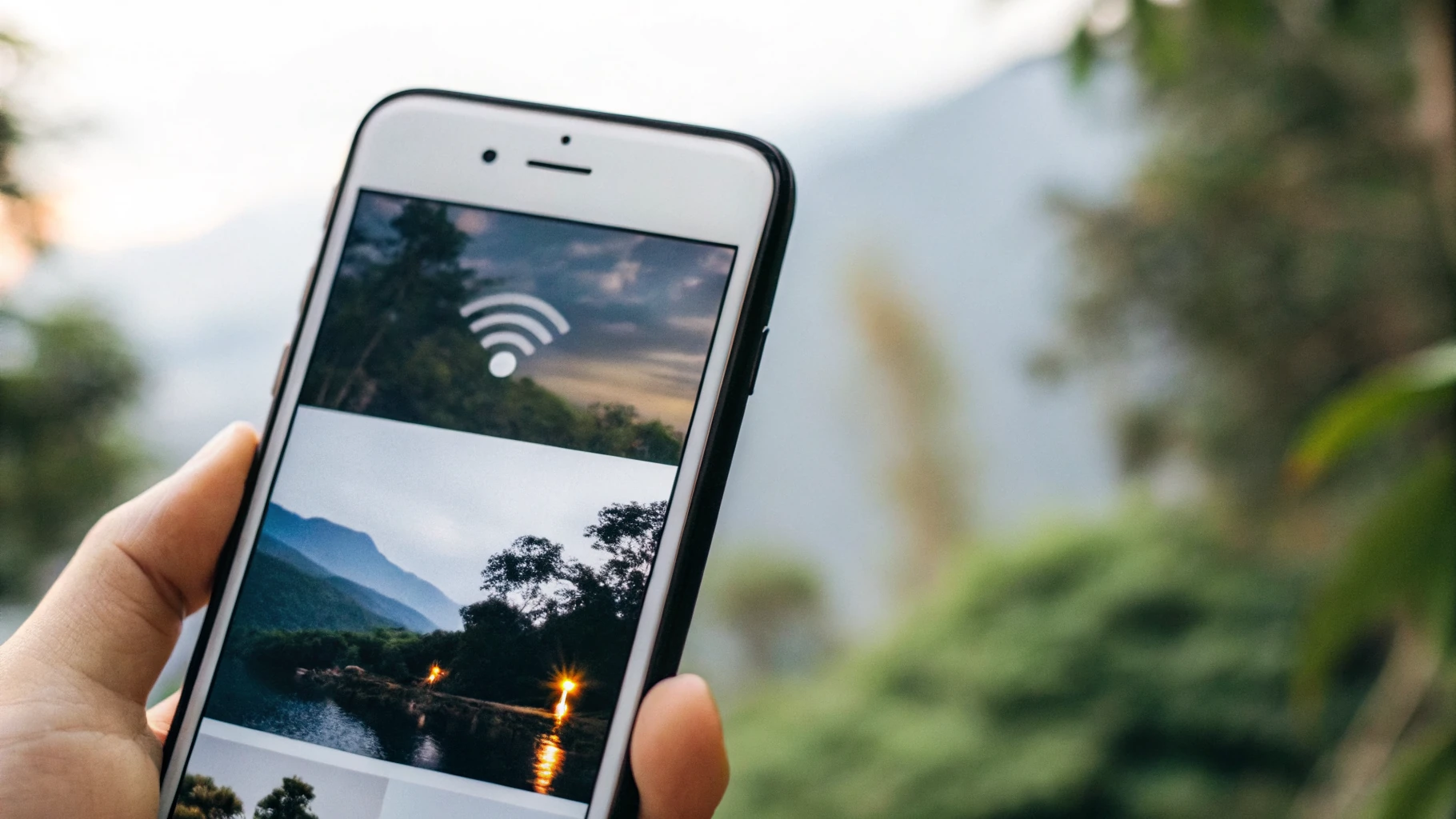 iPhone с приложением «Фото», где идет загрузка оригиналов из iCloud по Wi‑Fi