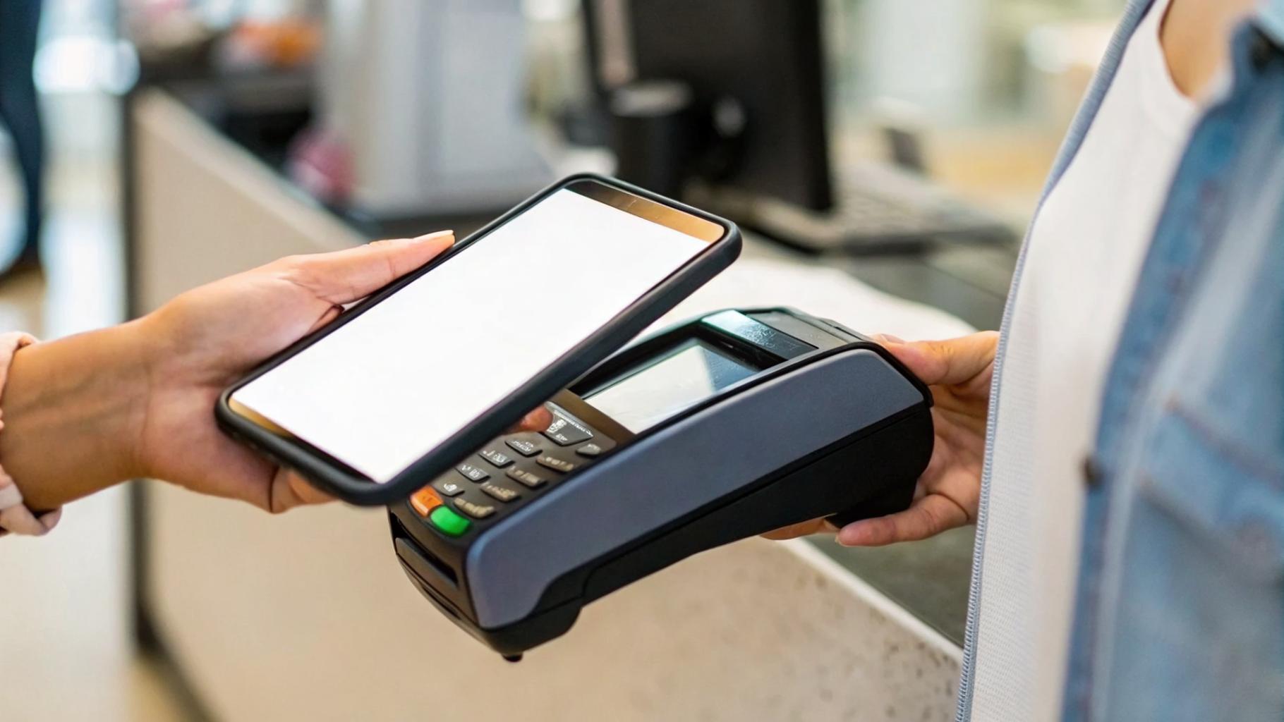 Смартфон у терминала для бесконтактной оплаты в магазине