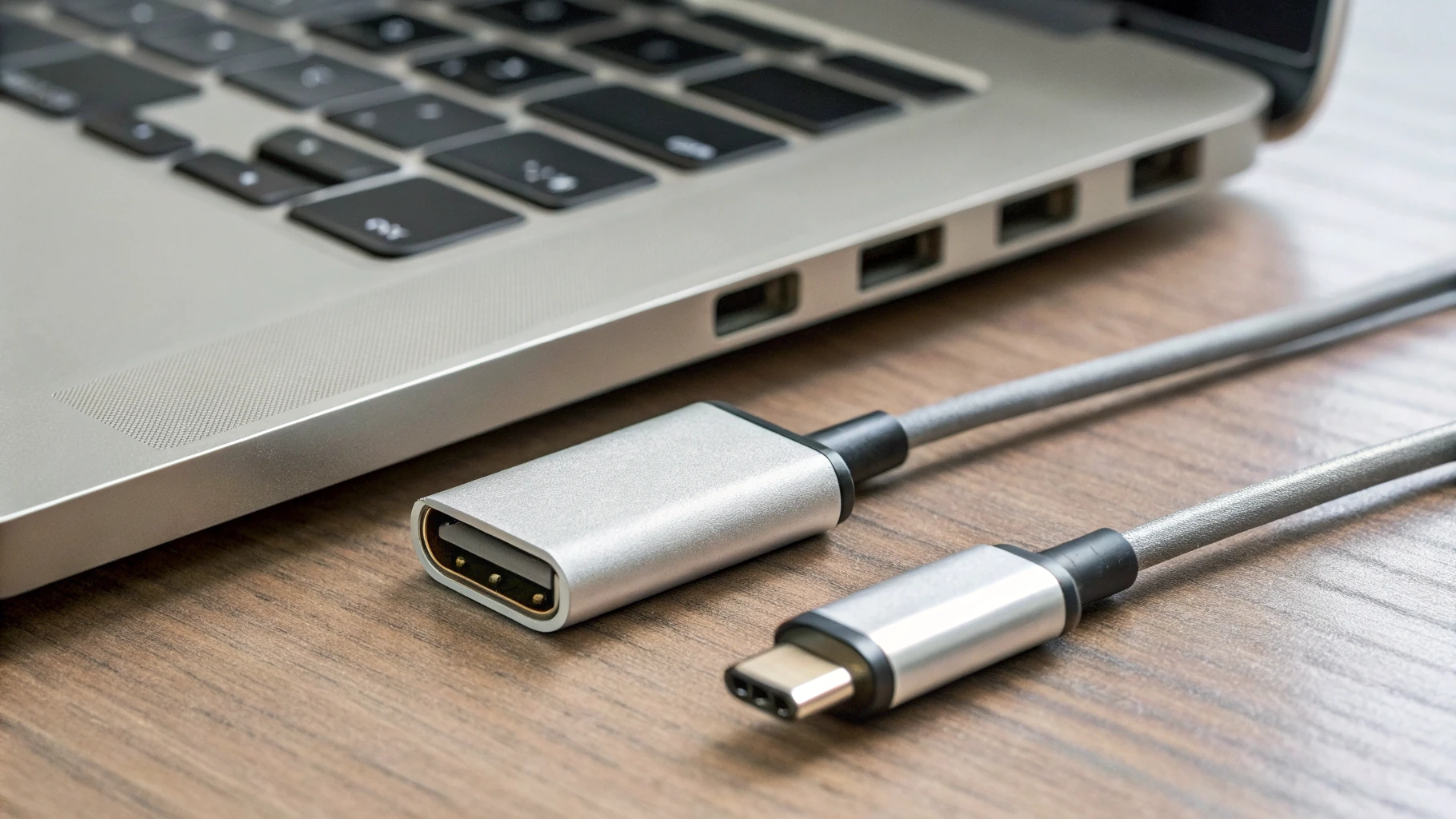 Сравнение адаптеров USB‑C на HDMI и USB‑C на DisplayPort рядом с портами MacBook