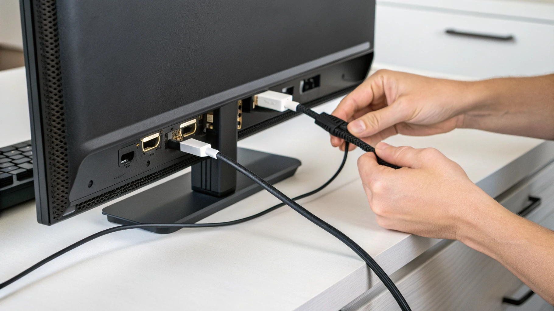 Подключение HDMI и DisplayPort кабелей к портам монитора для проверки совместимости 4K 60 Гц