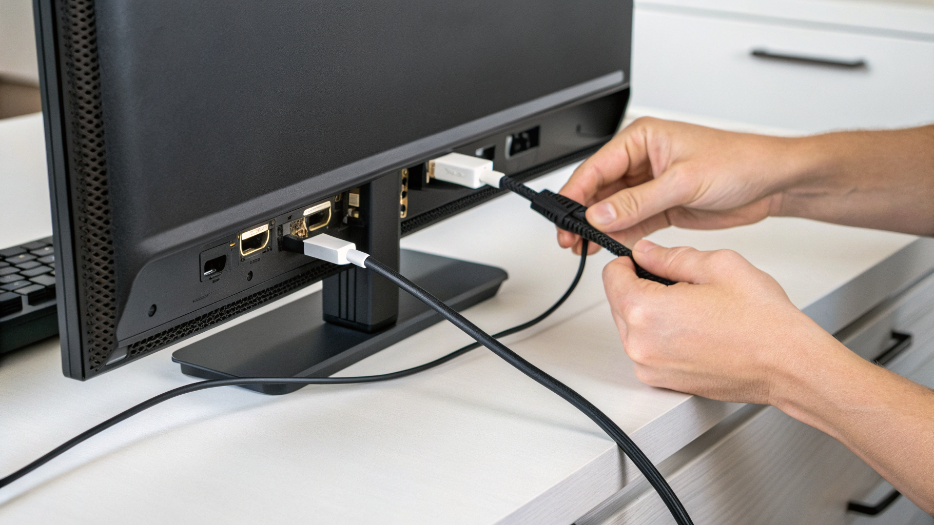 Подключение HDMI и DisplayPort кабелей к портам монитора для проверки совместимости 4K 60 Гц