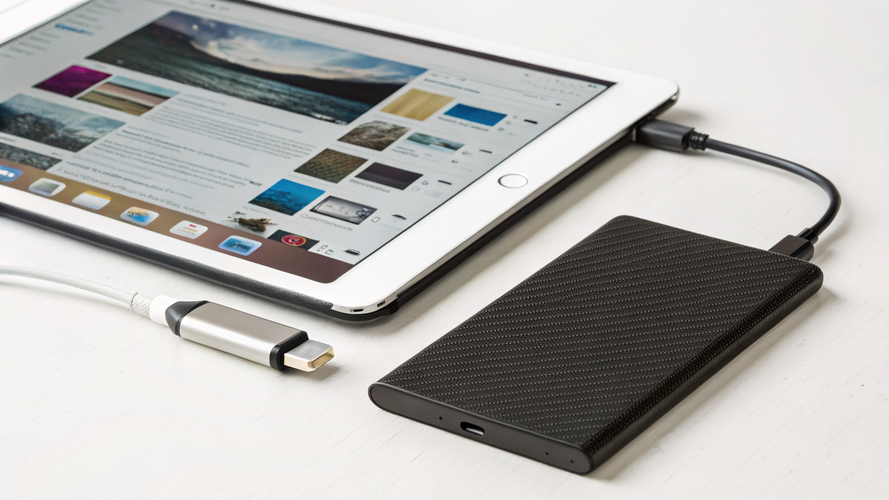 Внешний USB‑C SSD и USB‑C флешка рядом с iPad с открытым приложением «Файлы»