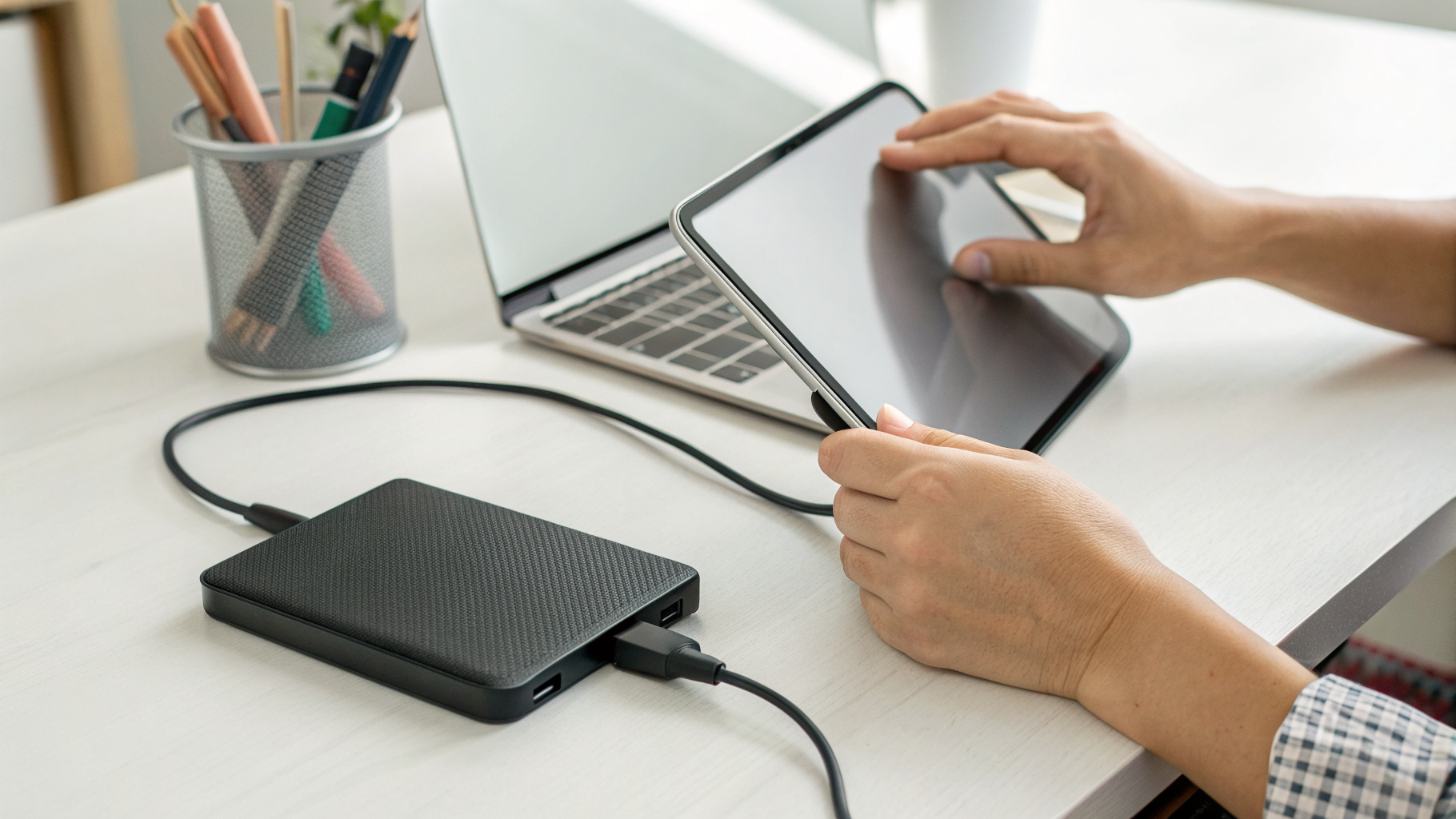 Подключение USB‑C хаба к планшету: HDMI к монитору и внешний SSD на столе