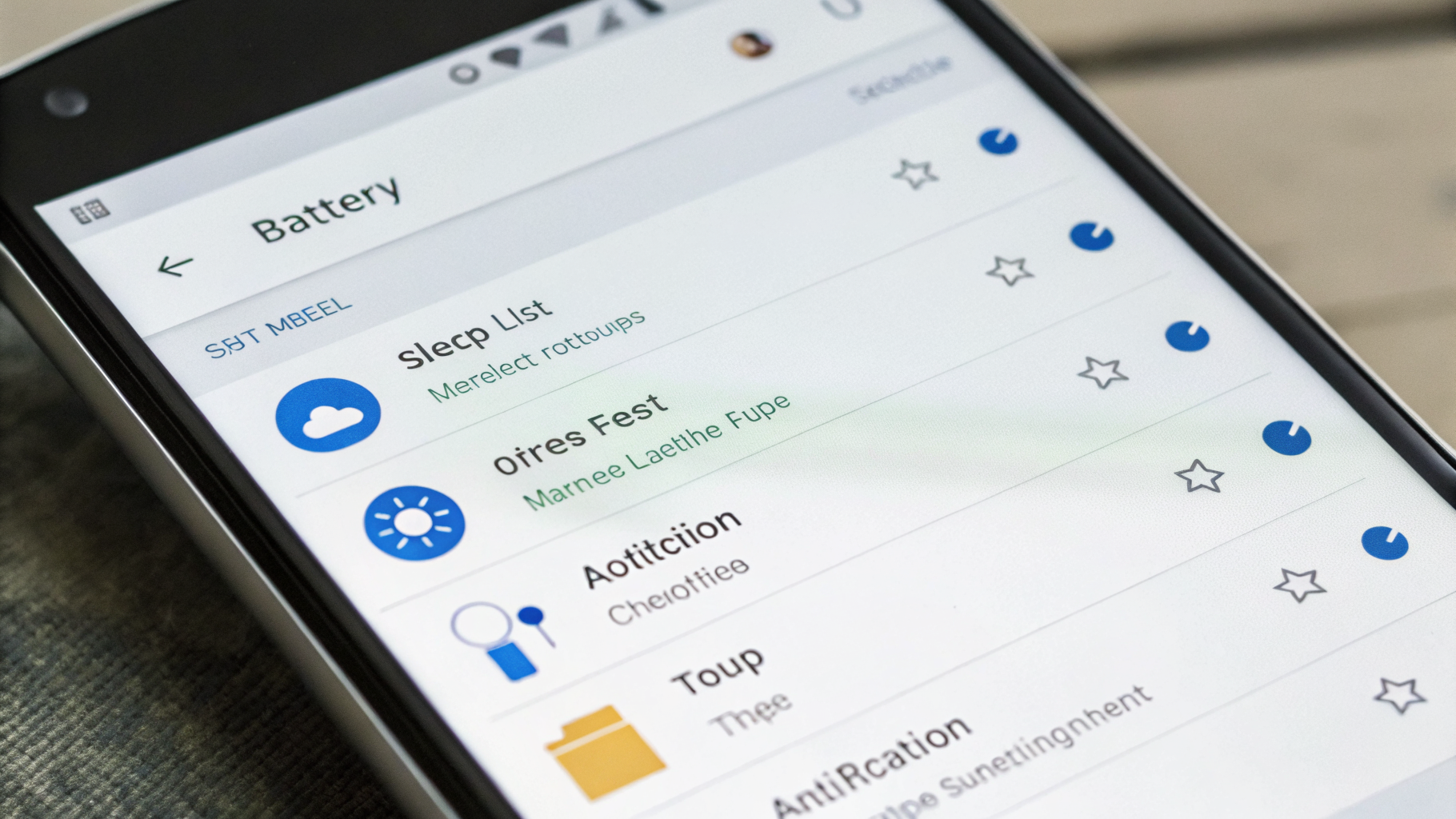 Экран Samsung с настройками батареи: список спящих приложений и параметры уведомлений