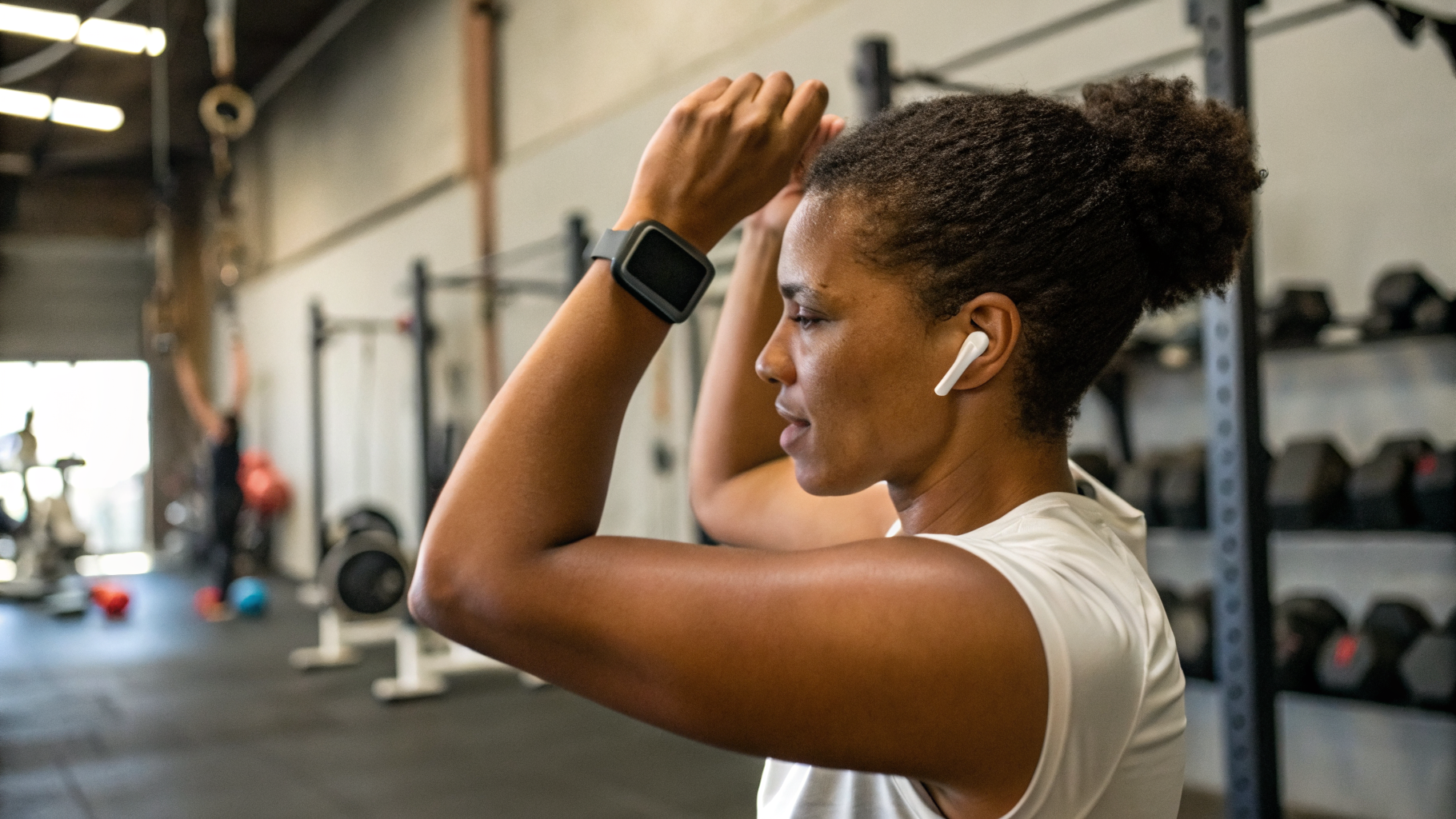 Наушники в ушах во время тренировки в зале, на руке часы с экраном активности