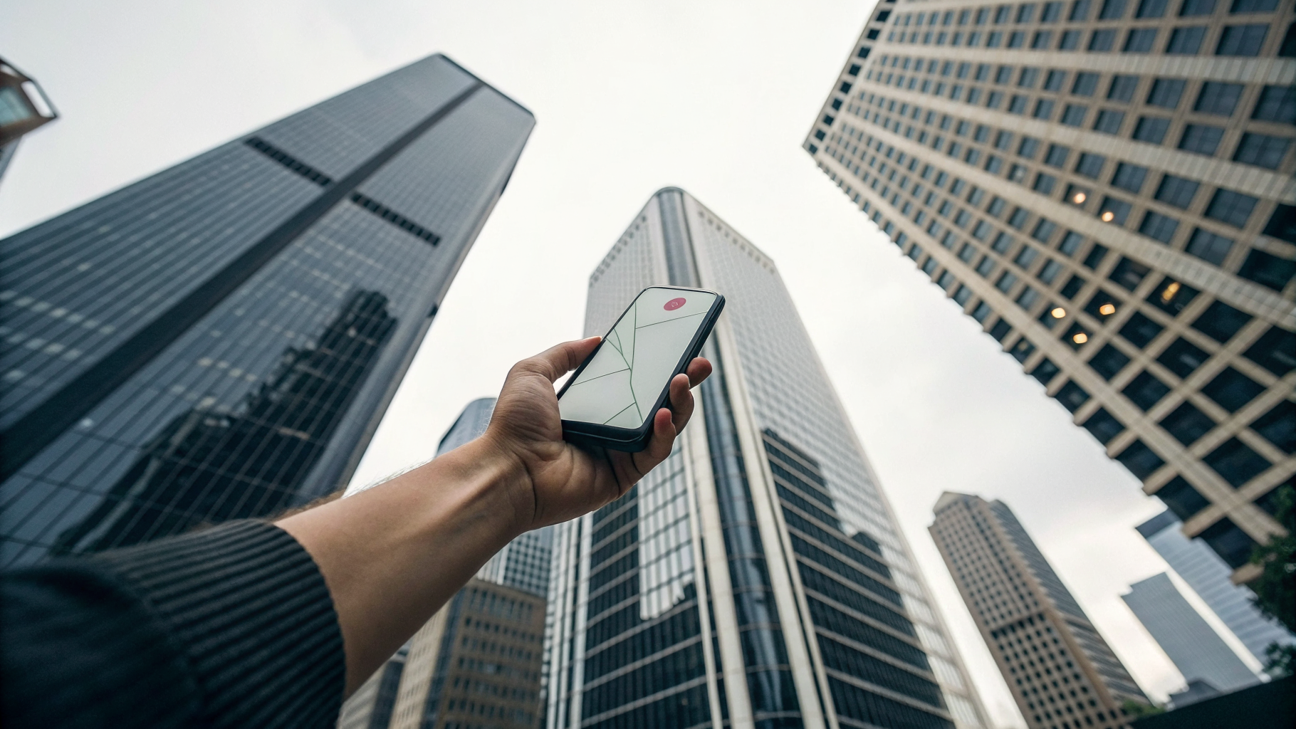 Смартфон с картой в плотной городской застройке, где GPS обычно сложнее