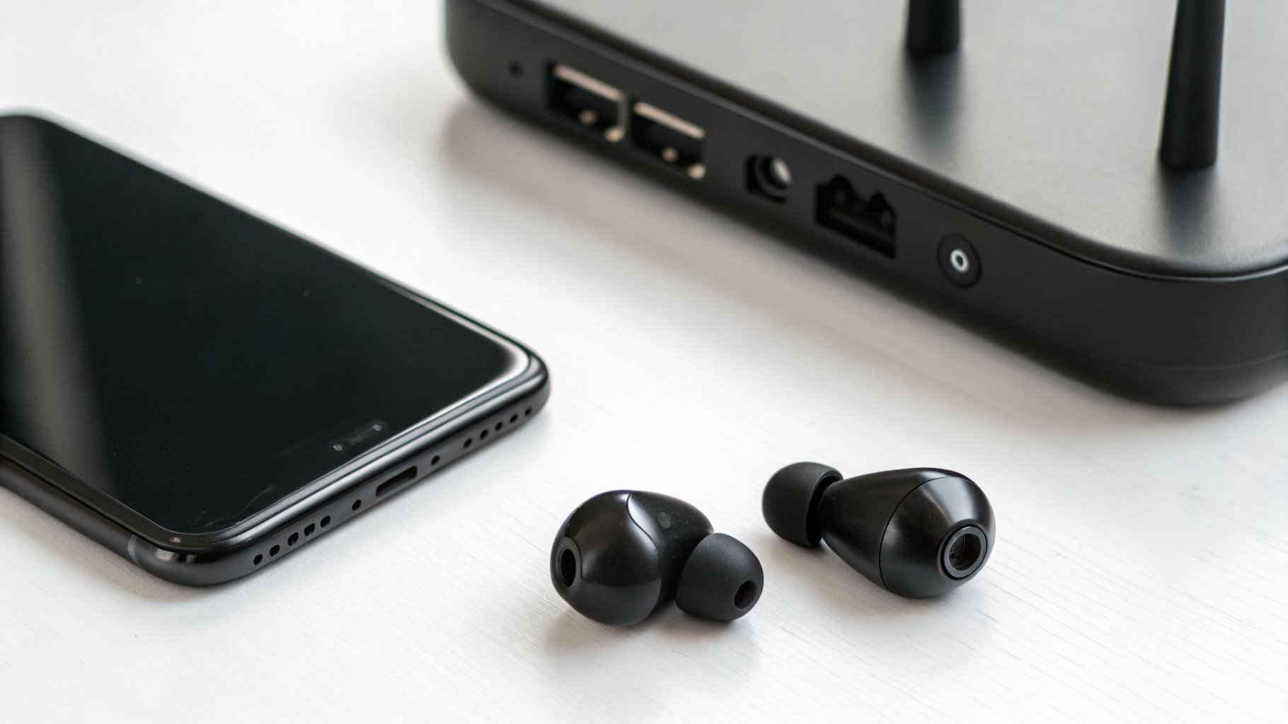 Беспроводные наушники рядом со смартфоном и роутером как пример помех для Bluetooth