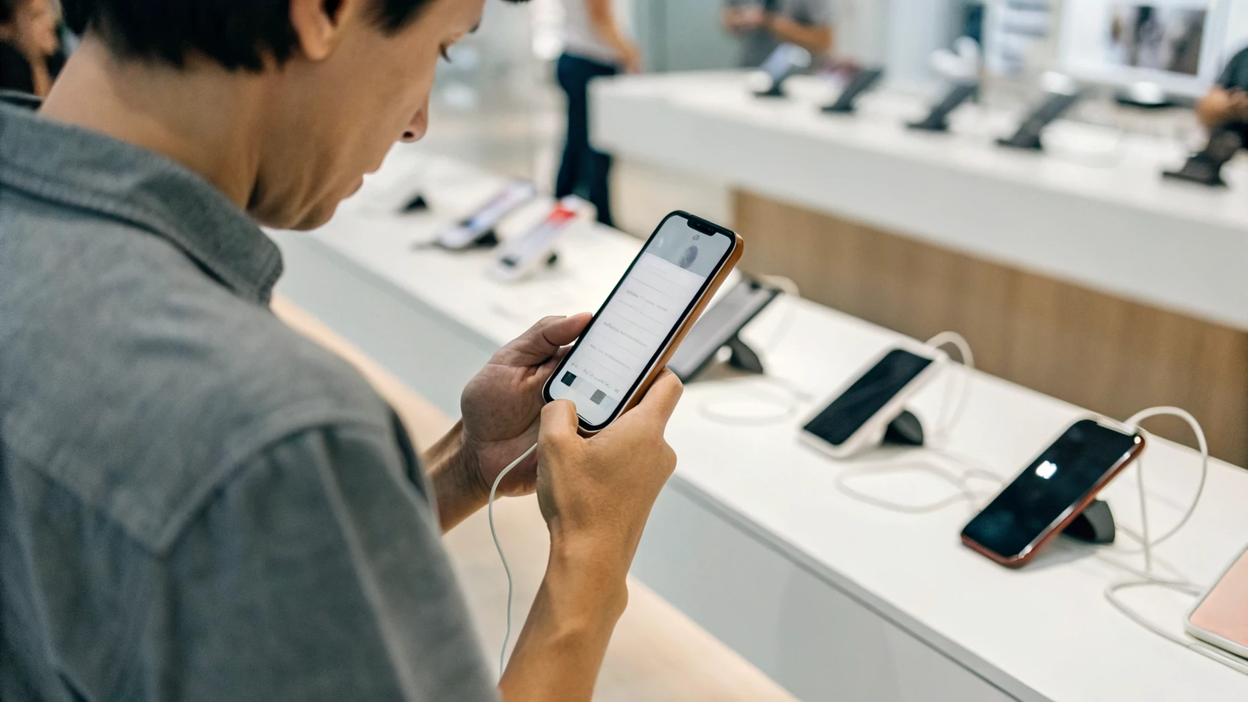 Покупатель проверяет характеристики смартфона перед покупкой