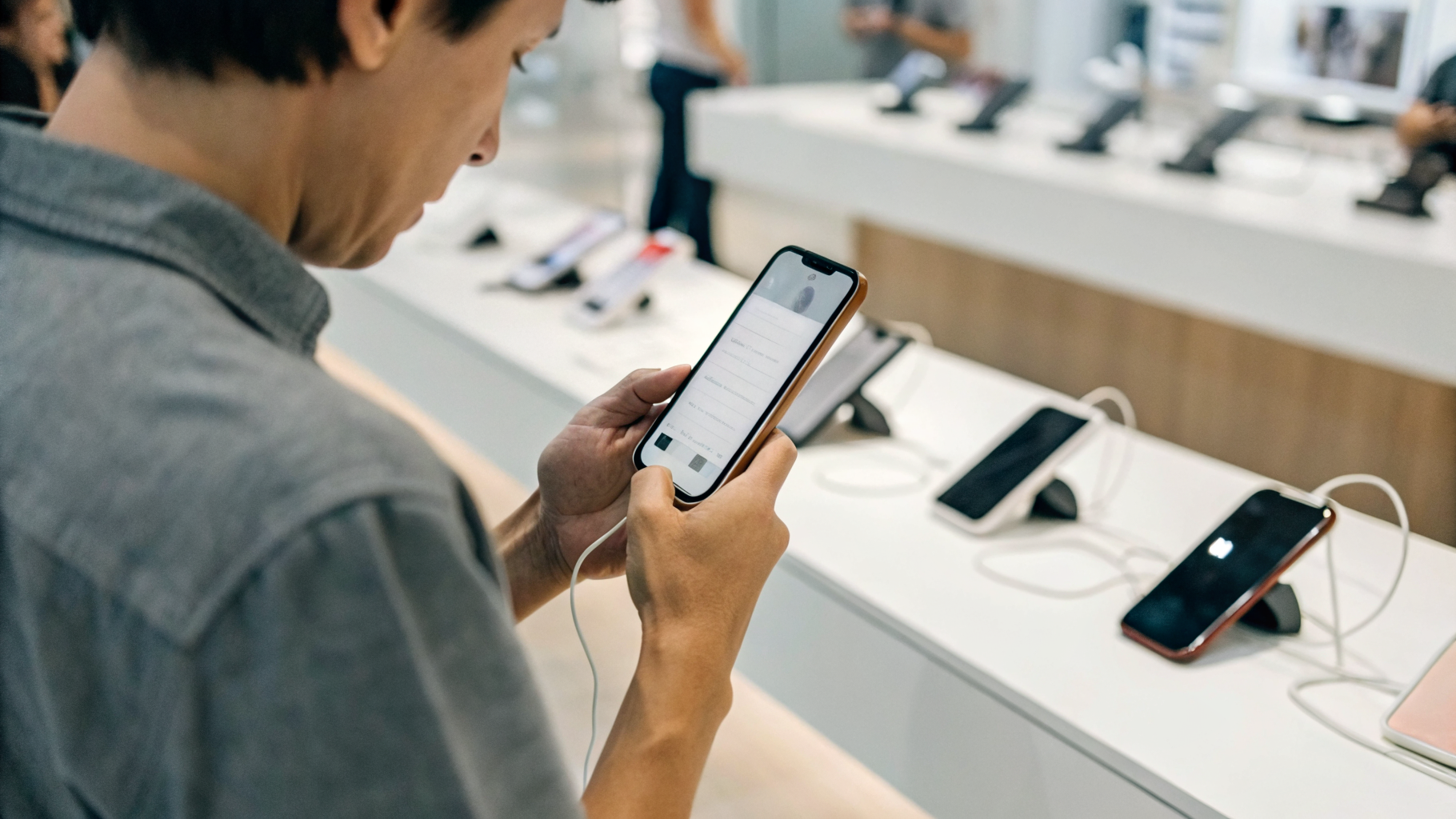 Покупатель проверяет характеристики смартфона перед покупкой