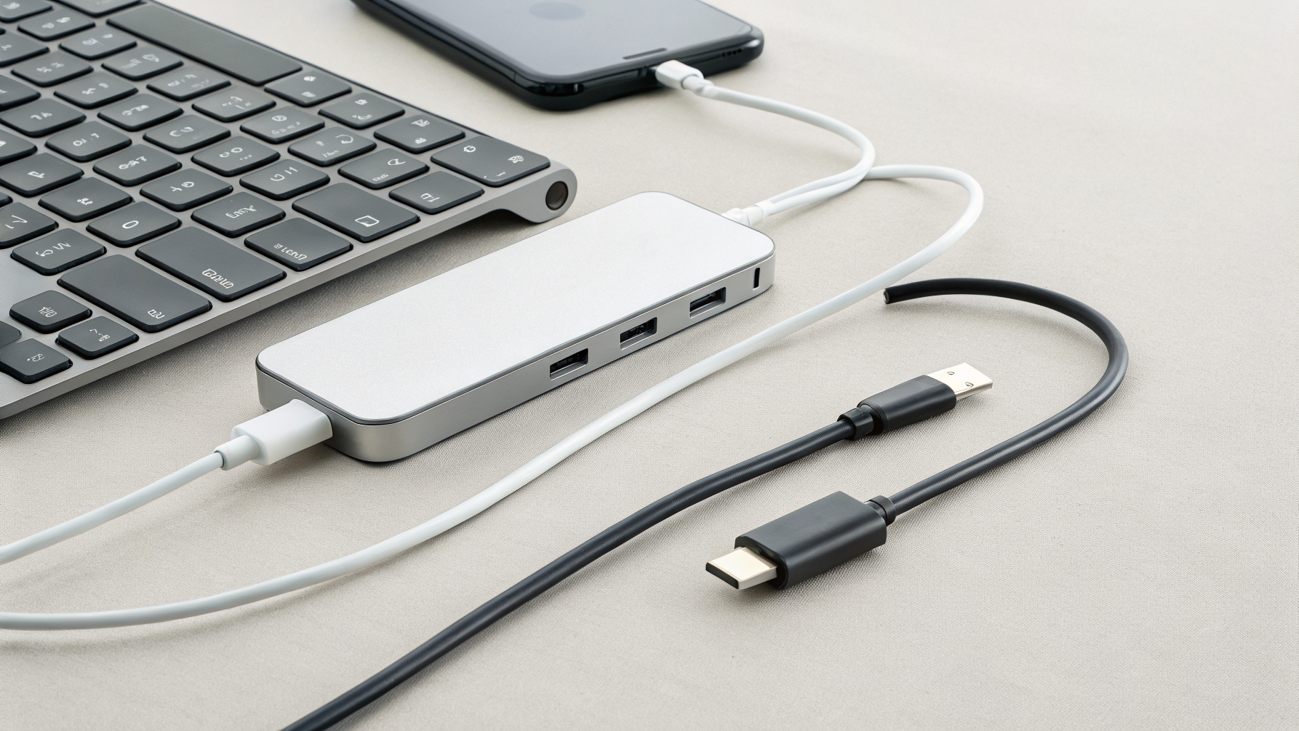 USB-C-хаб с подключёнными флешкой, клавиатурой и кабелем для монитора