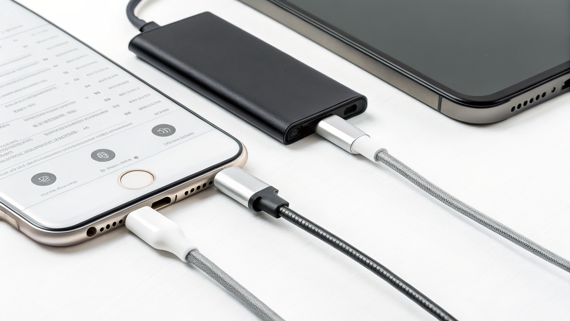 Разные кабели и порт USB-C рядом с характеристиками смартфона