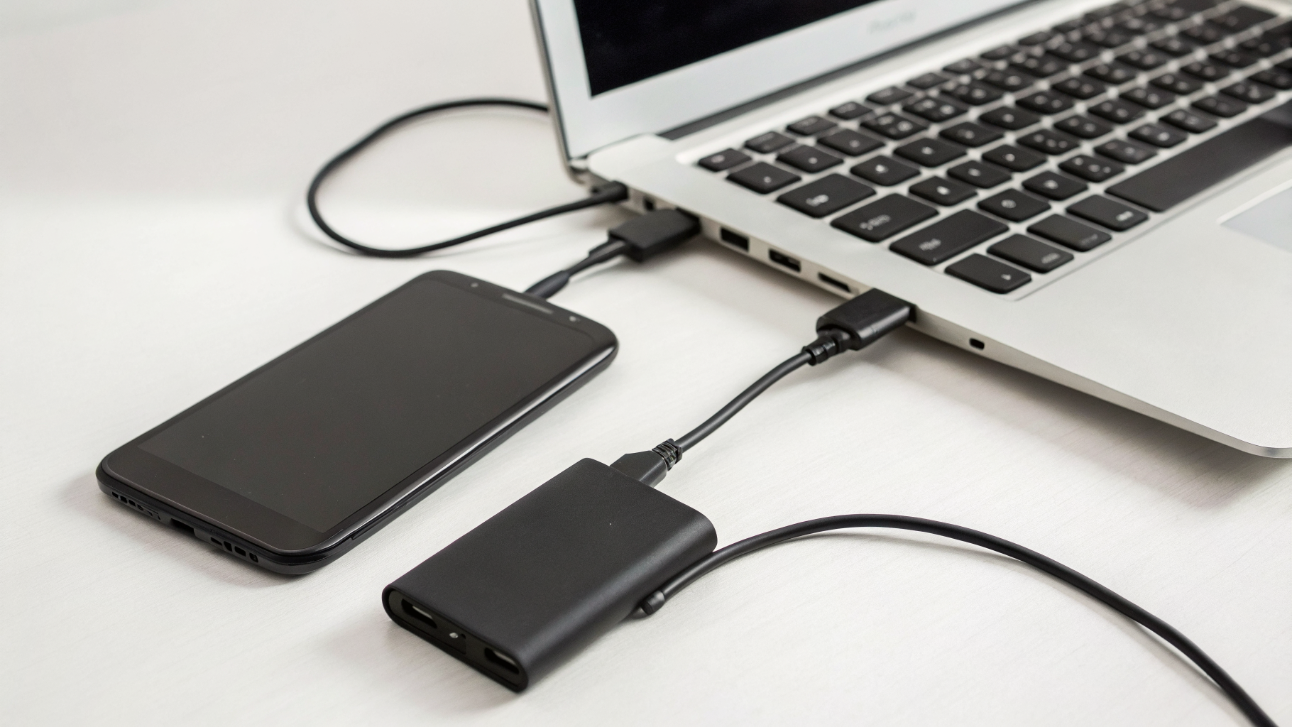 Android-смартфон подключён к ноутбуку и внешнему SSD для проверки передачи данных