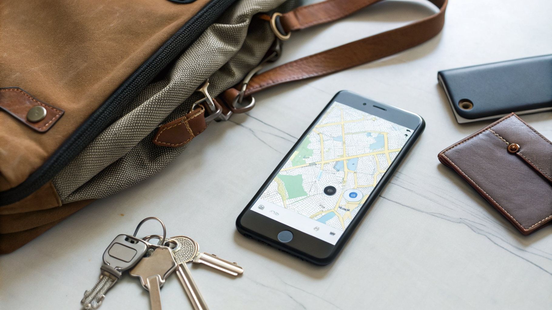 Приложение поиска вещей на смартфоне рядом с ключами и сумкой