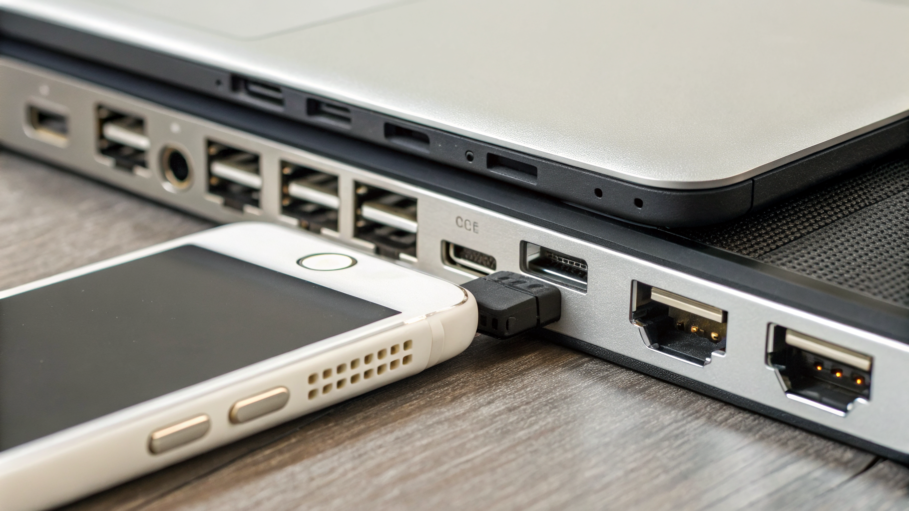 Разъёмы iPhone, iPad и MacBook рядом с Ethernet-адаптерами крупным планом