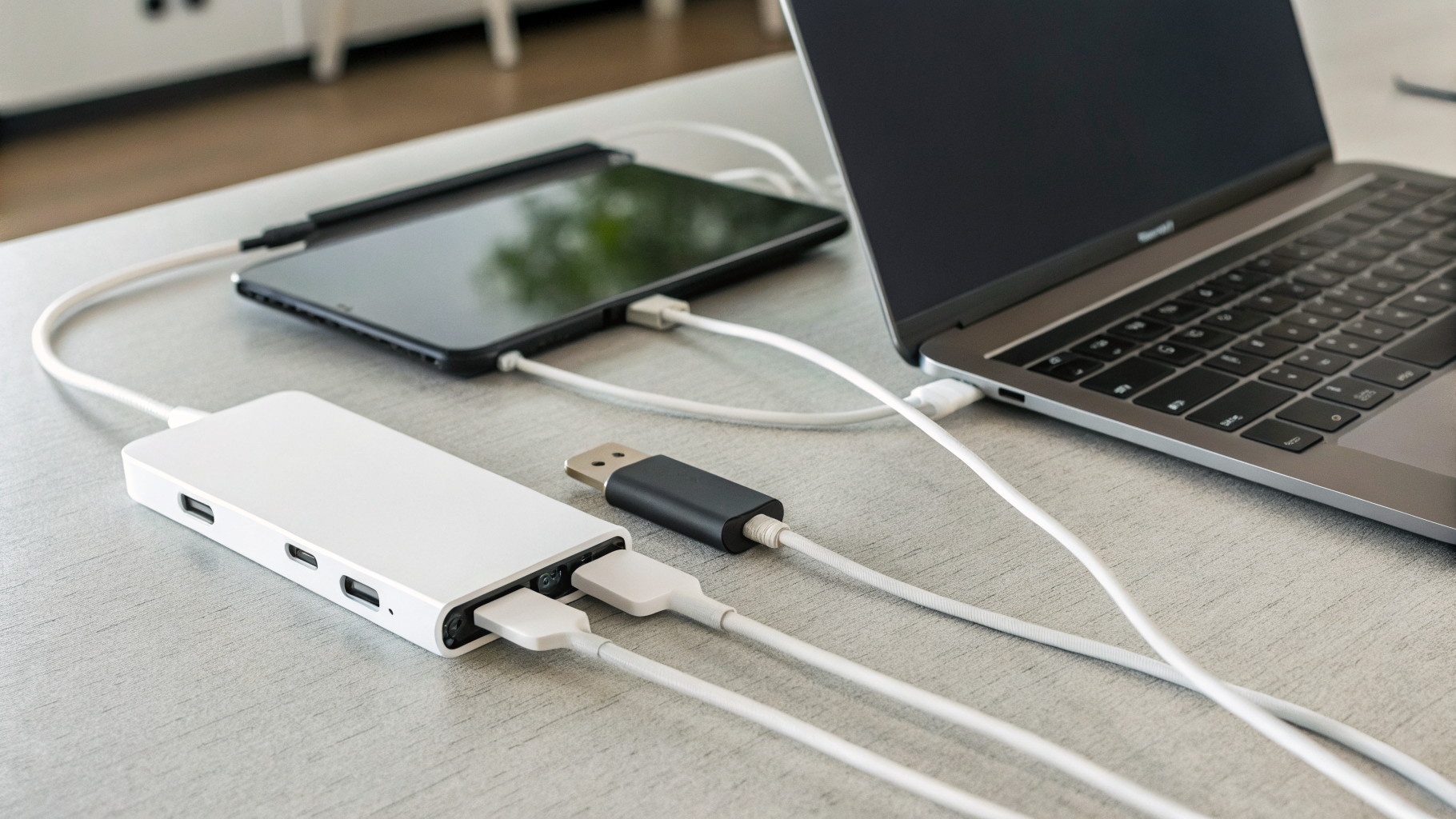 USB-C хаб и Ethernet-адаптер, подключённые к iPad и MacBook