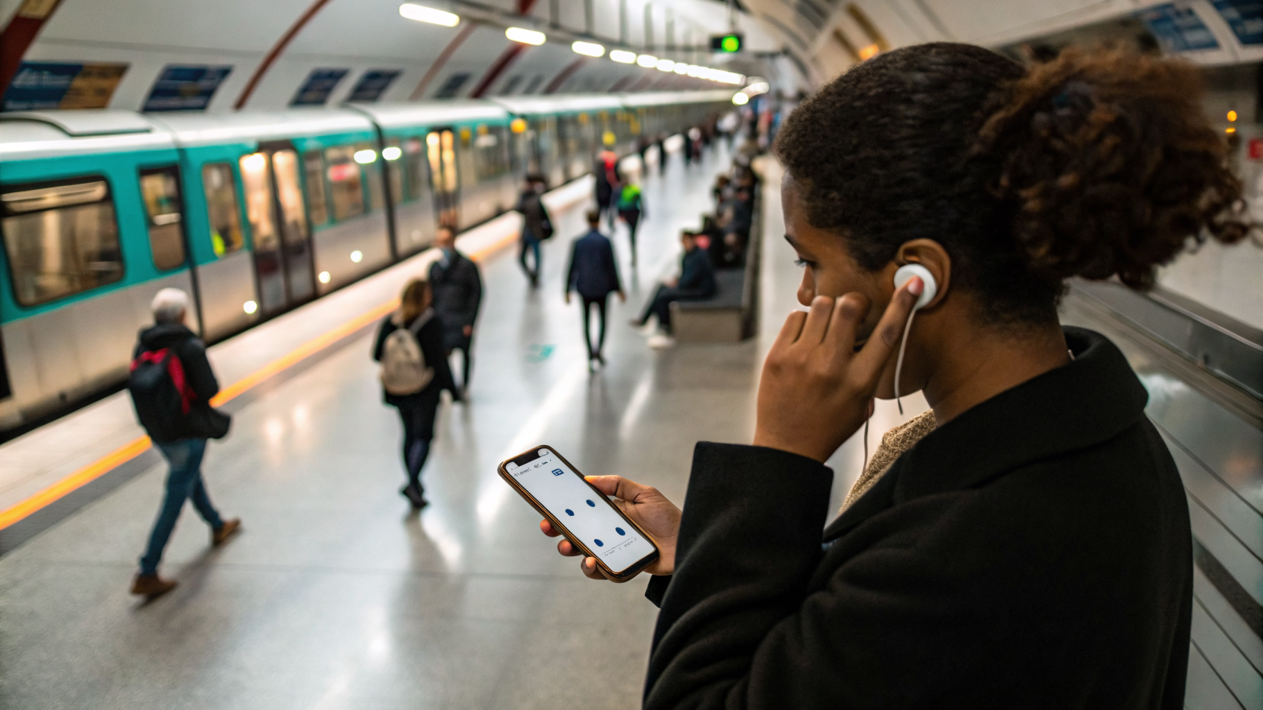 Пользователь AirPods в метро переключает режимы шумоподавления и прозрачности