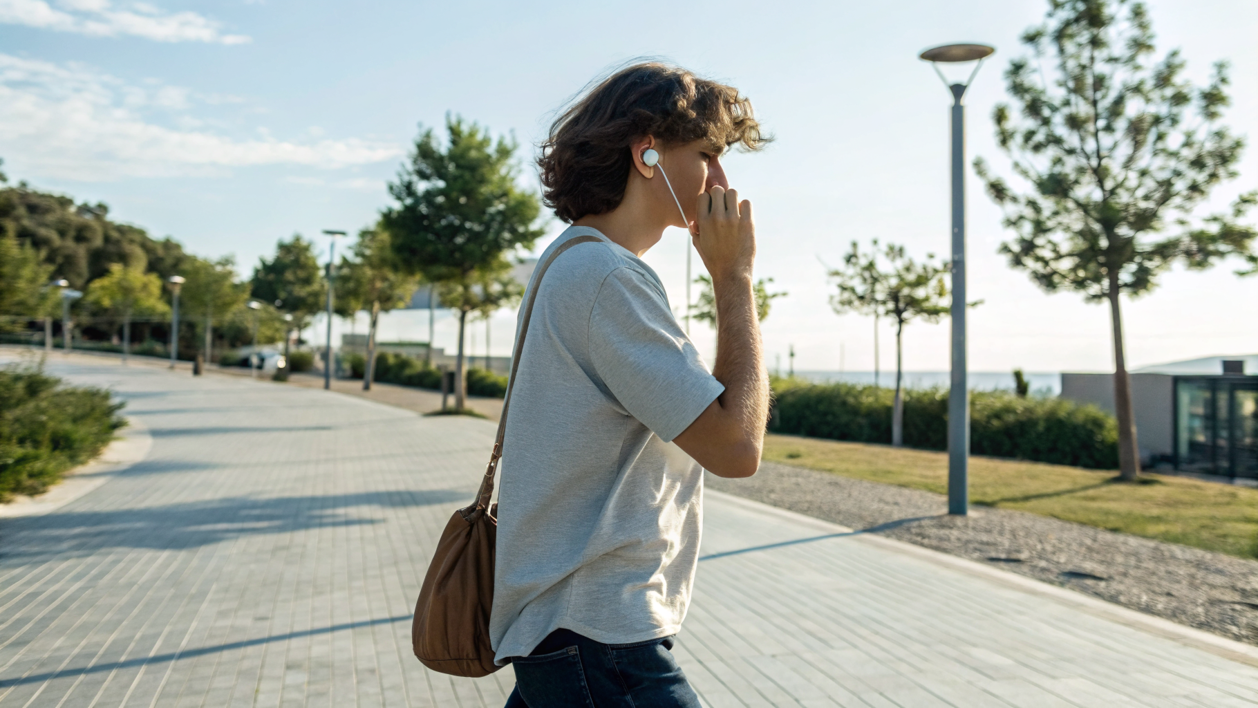 Человек на прогулке в AirPods настраивает управление и полезные функции