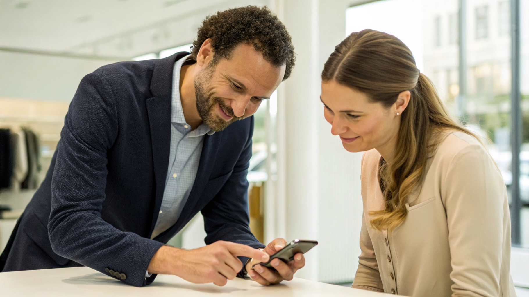 Продавец показывает настройки смартфона перед покупкой