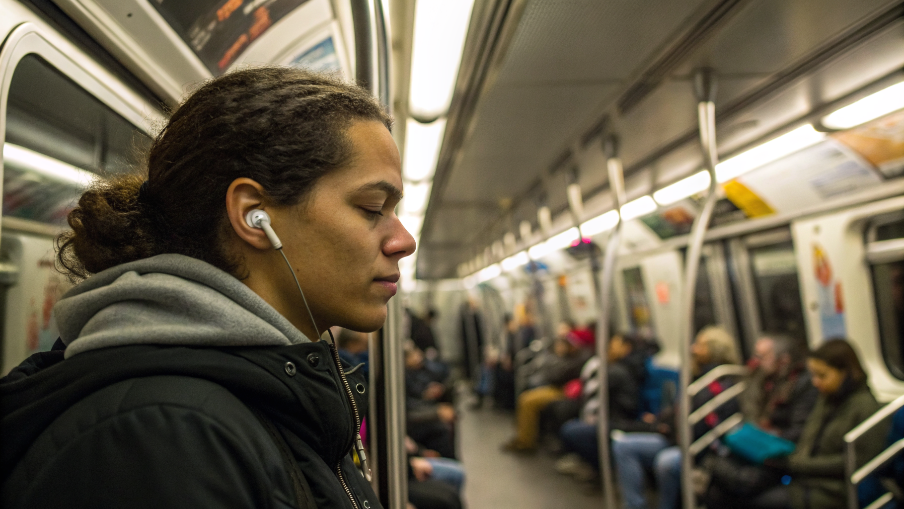 Пользователь AirPods едет в метро и переключает режимы шумоподавления