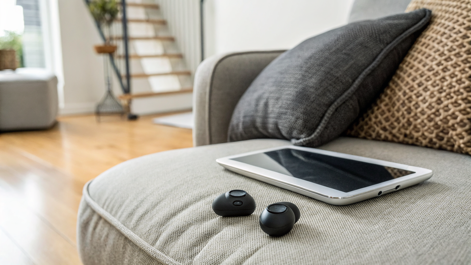 AirPods дома рядом с планшетом во время просмотра видео