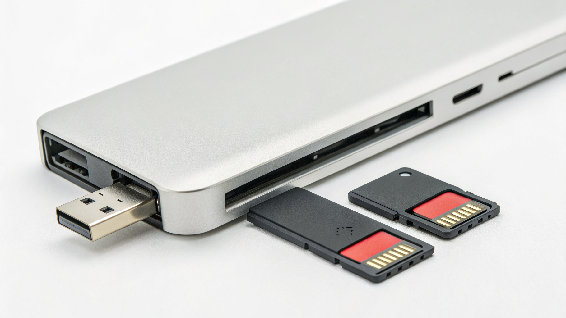 Внешний кардридер с картами SD и microSD рядом с устройствами Apple